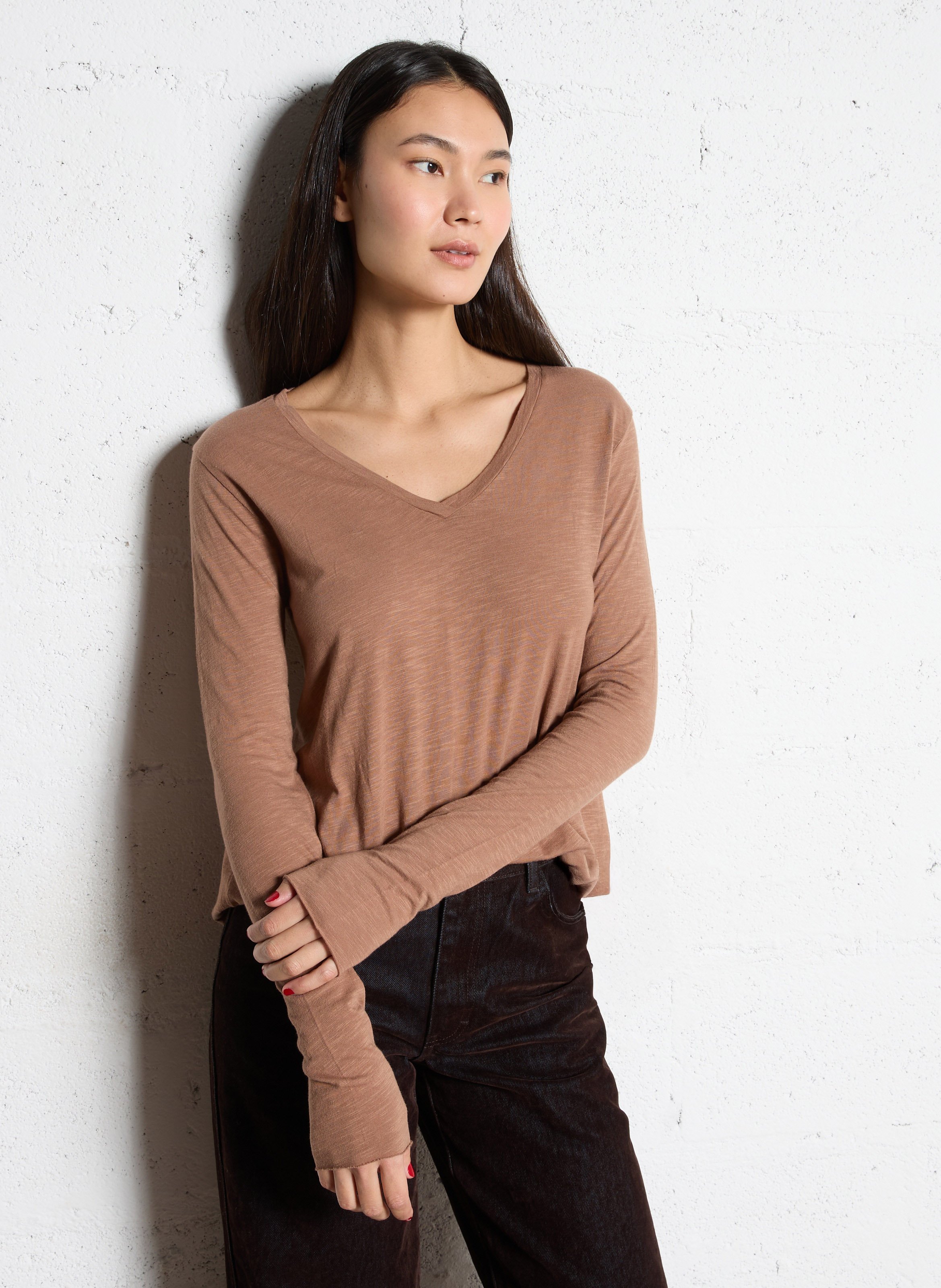 V-neck cotton-blend T-shirt AMERICAN VINTAGE Brown