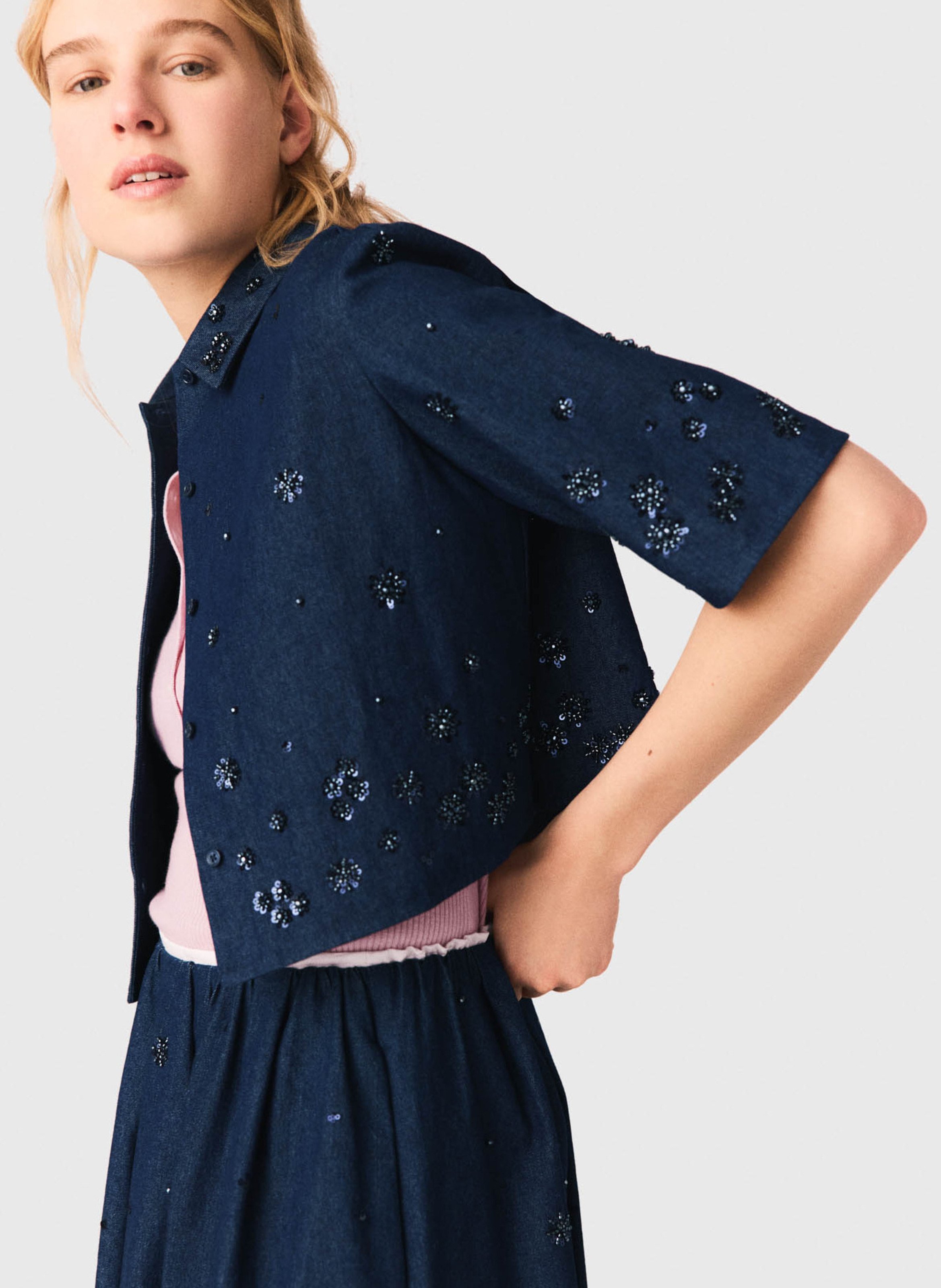 Chemise en denim oversize courte MAJE Blauw