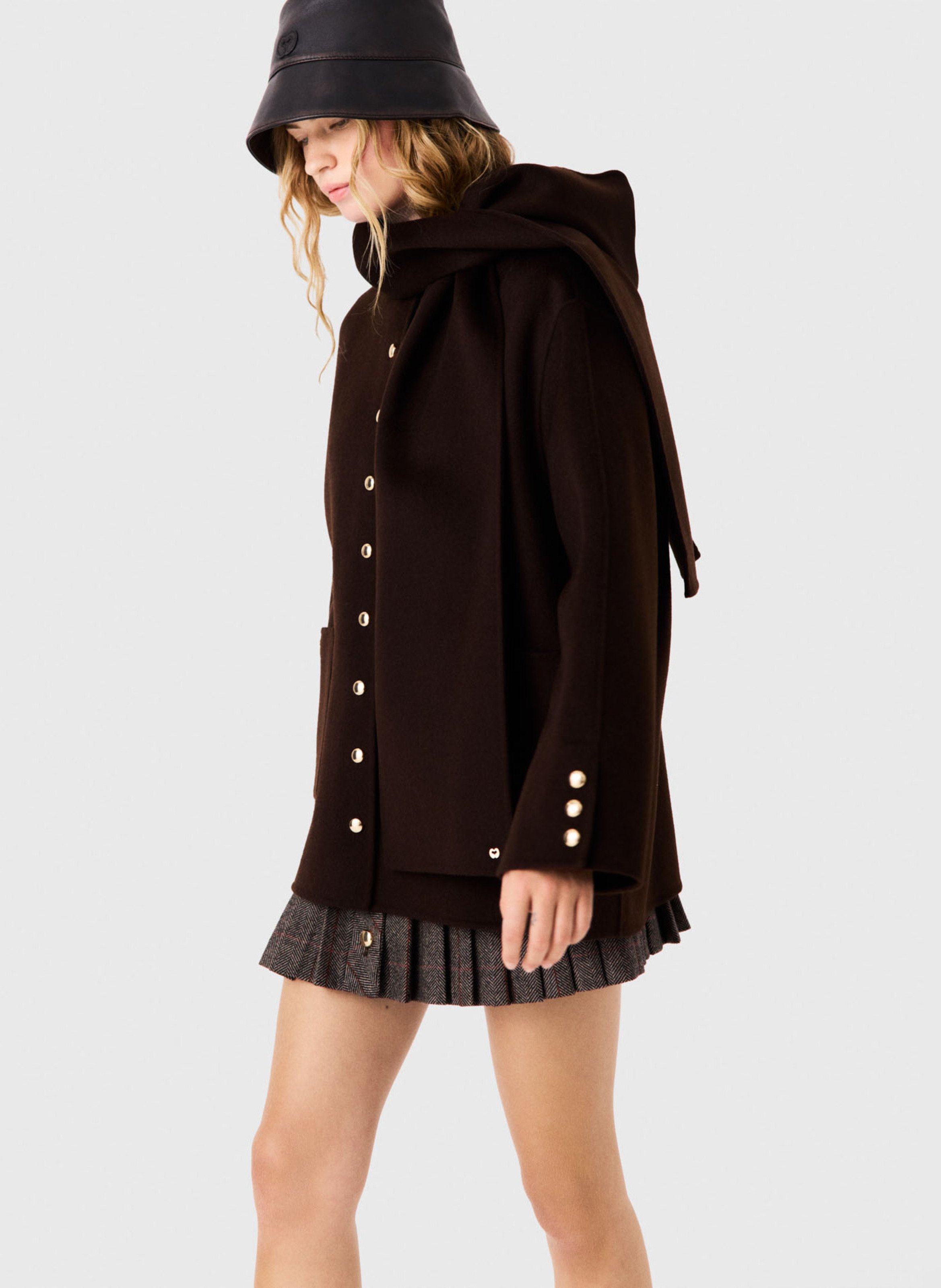 Manteau droit col rond à écharpe amovible en laine mélangée MAJE Marron