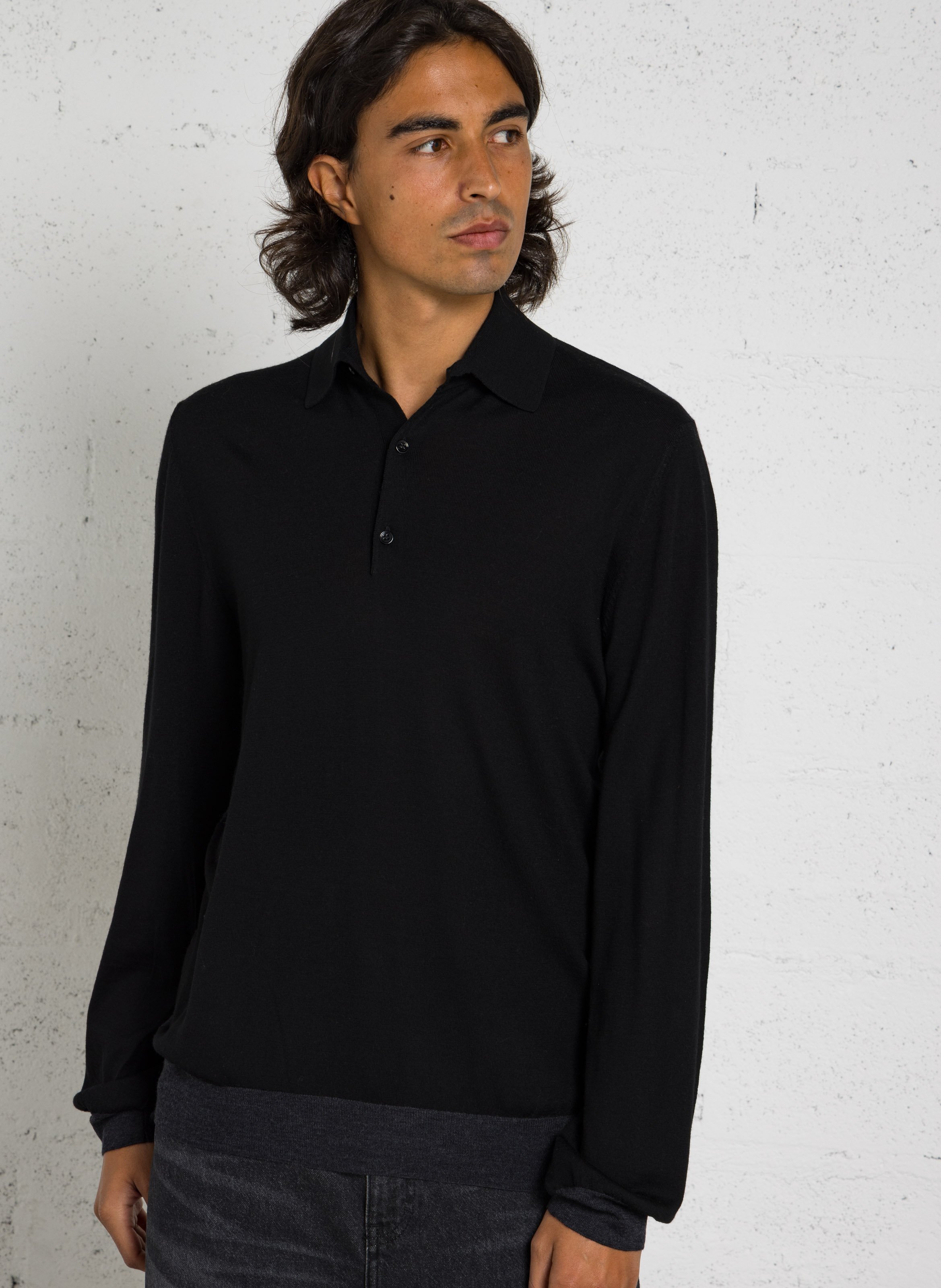 Polo manches longues en laine MAJESTIC FILATURES Noir