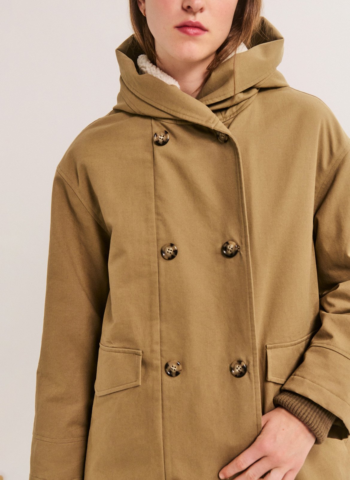 Parka droite col capuche en coton PABLO Kaki