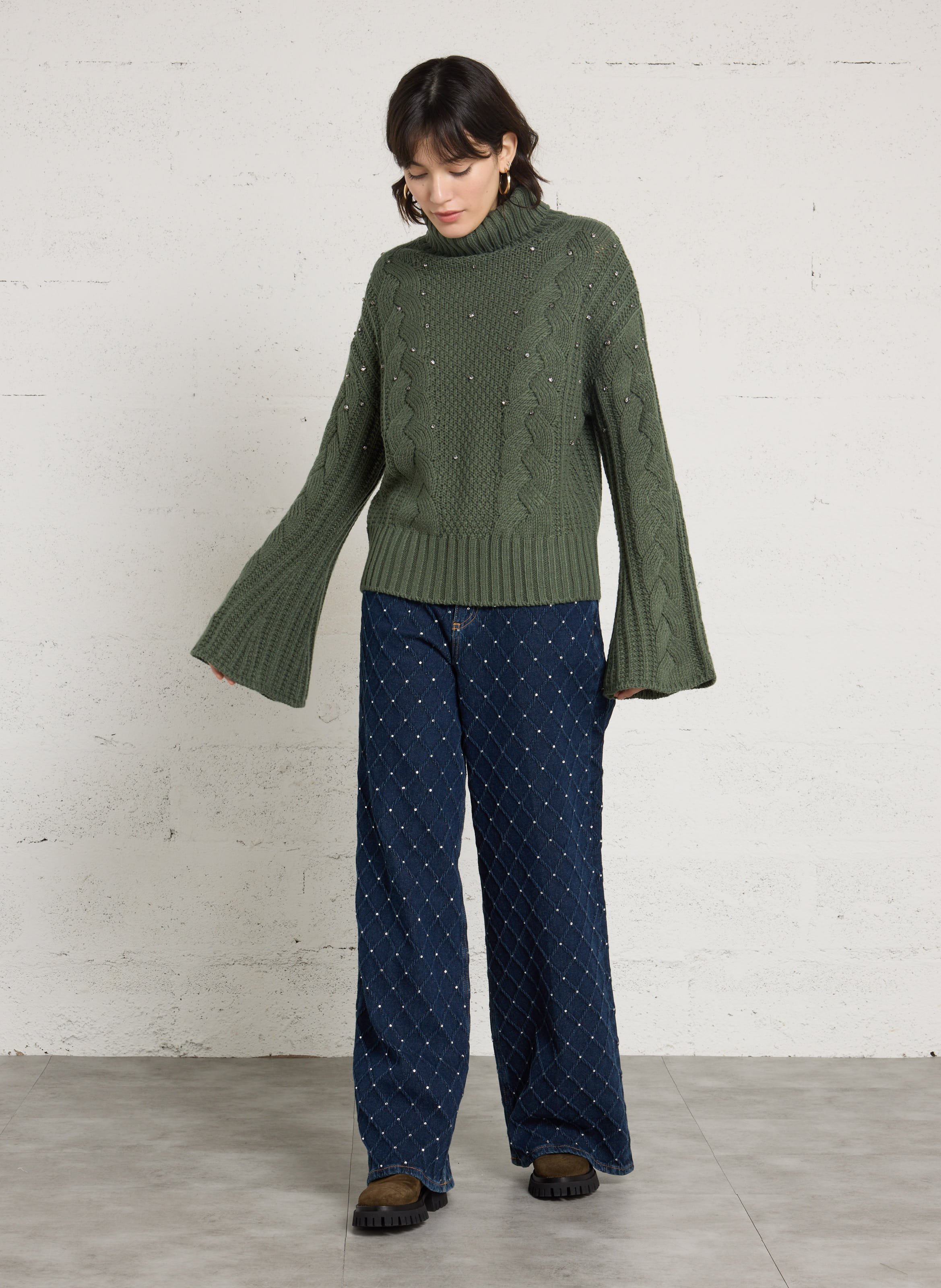 Pull ample col roulé à strass LIU JO Vert