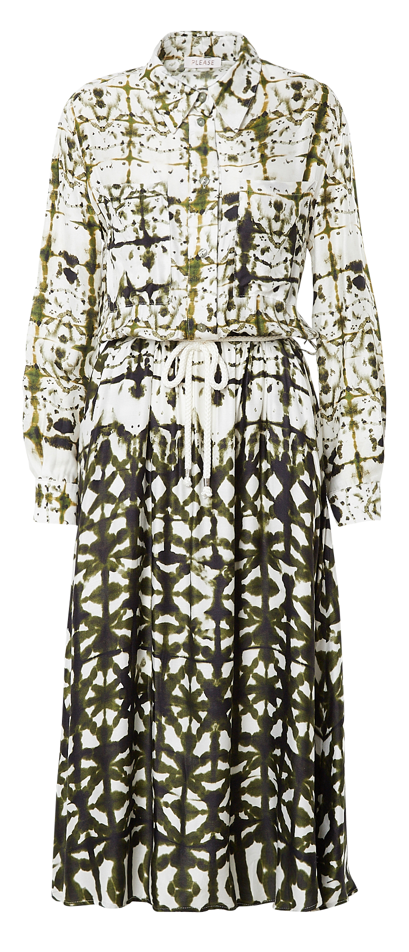 Long printed dress with classic collar PLEASE White