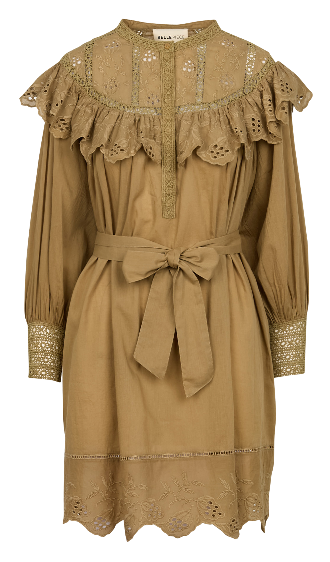 Korte jurk met ronde hals van katoenen voile BELLEPIECE Kaki