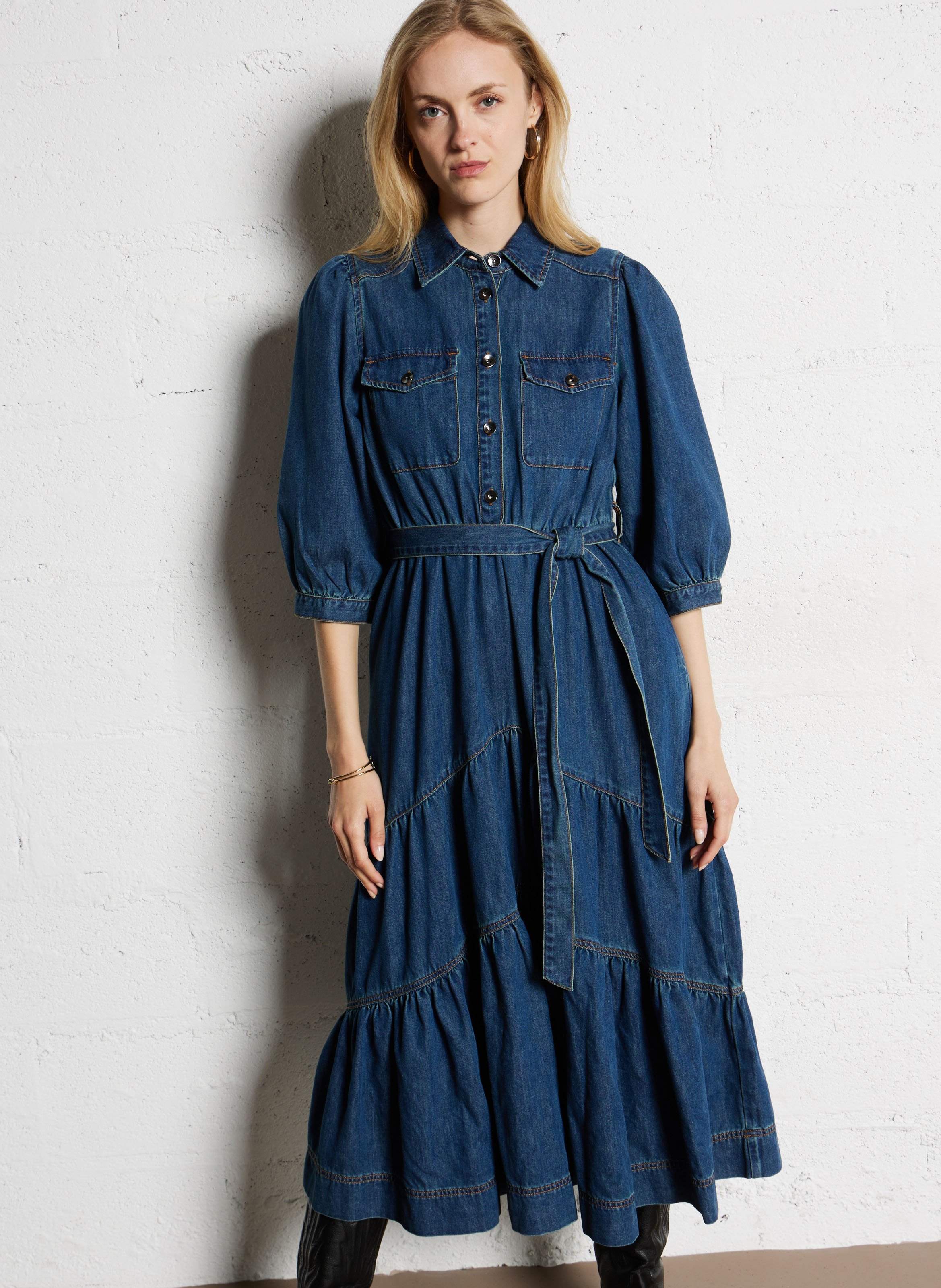 Robe midi cintrée en coton mélangé SUNCOO Bleu