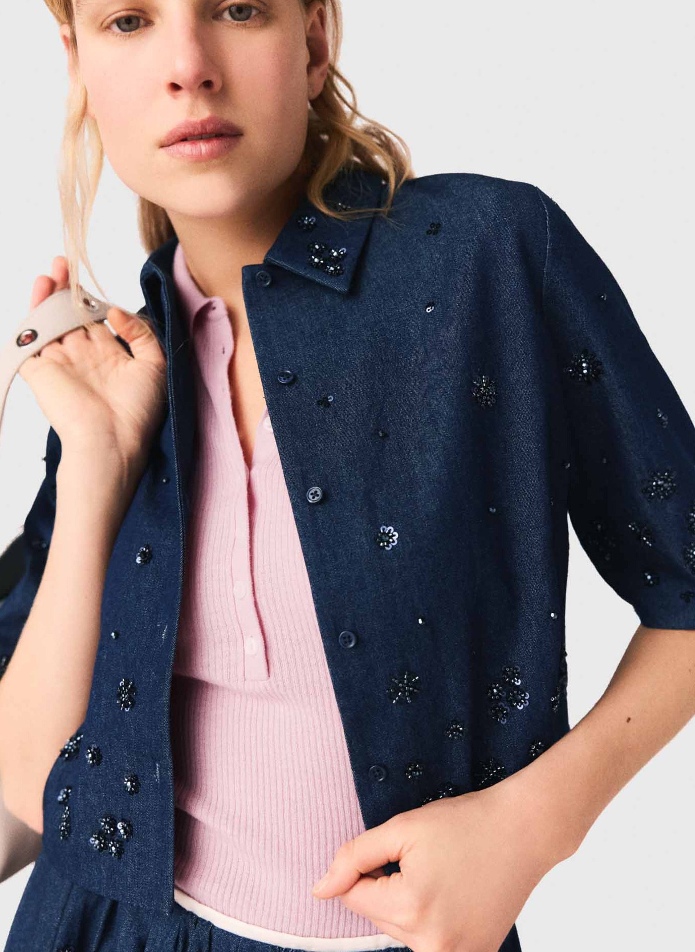 Chemise en denim oversize courte MAJE Blauw