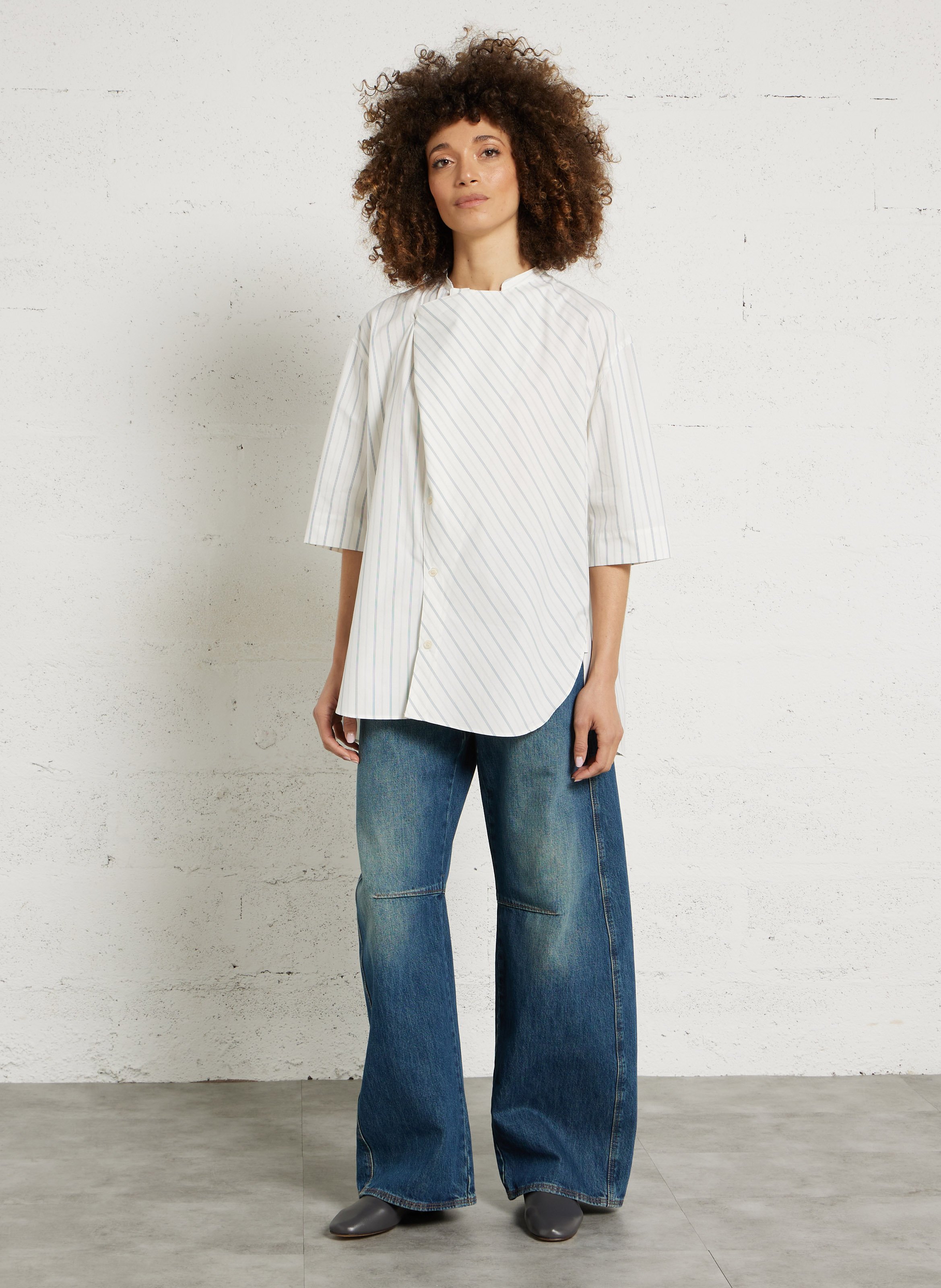 Oversized round neck striped cotton blouse SOEUR Beige