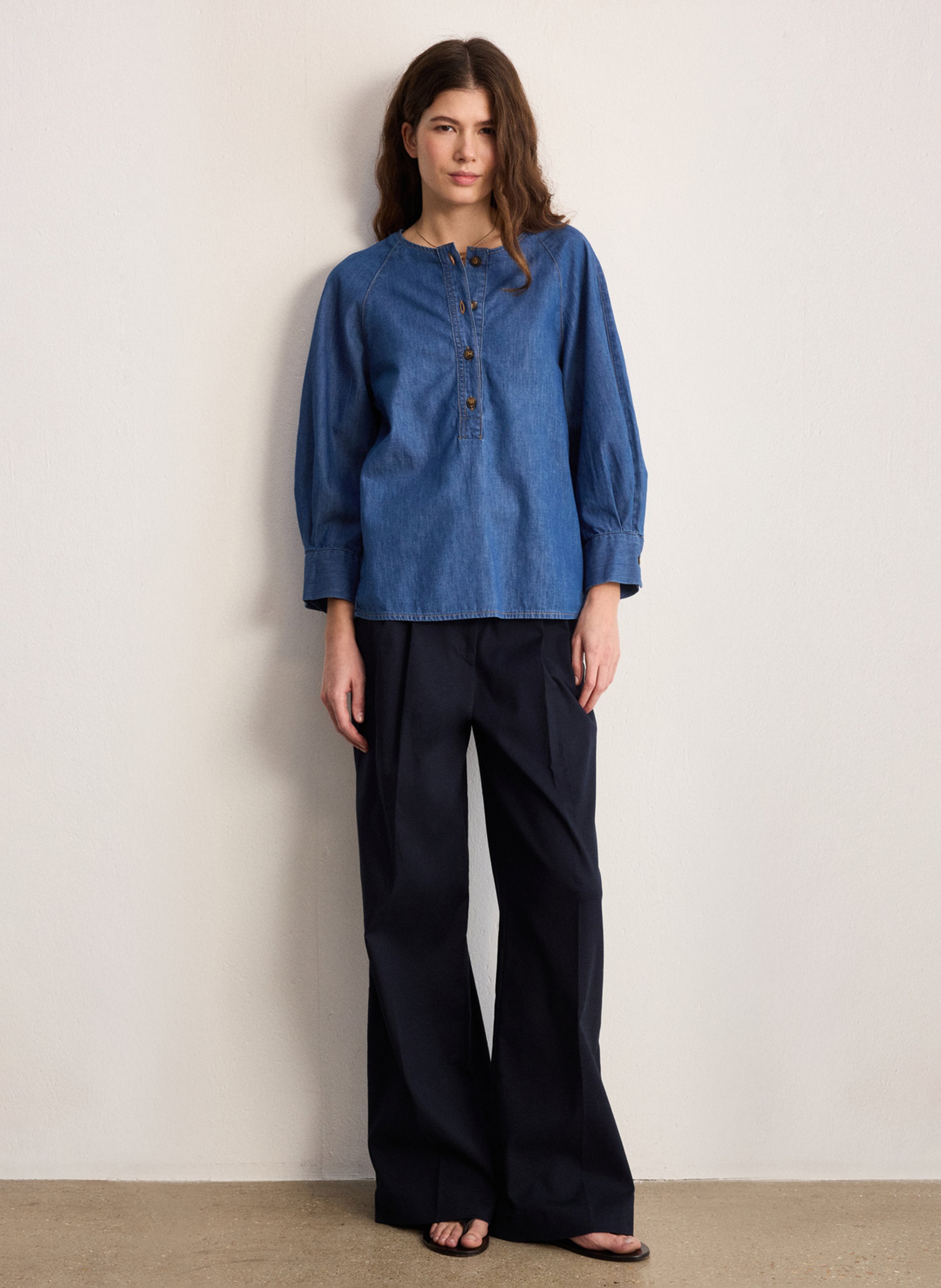 Straight cotton round-neck blouse PABLO Blue