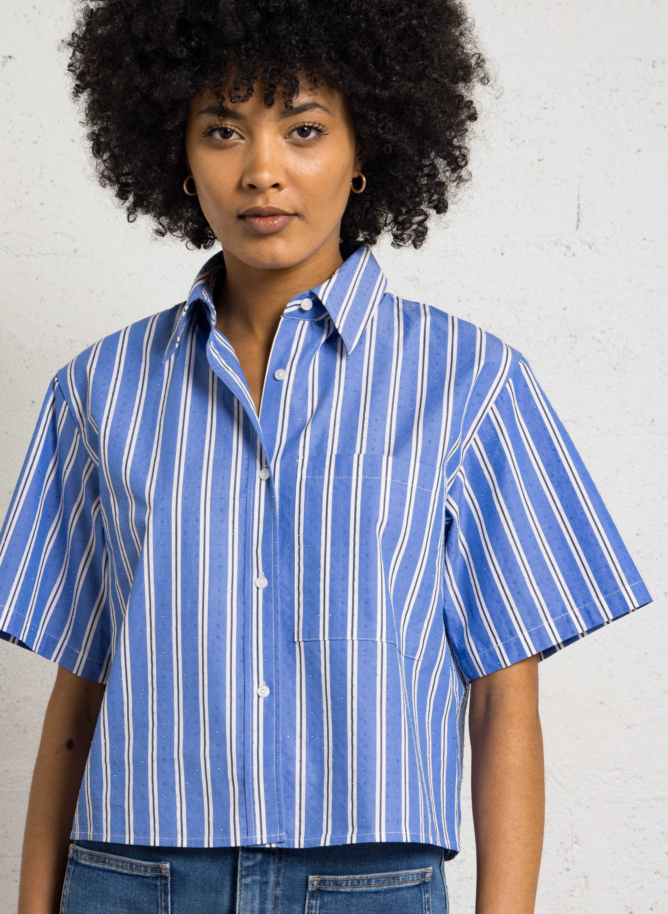 Camisa corta a rayas con strass BERENICE Azul