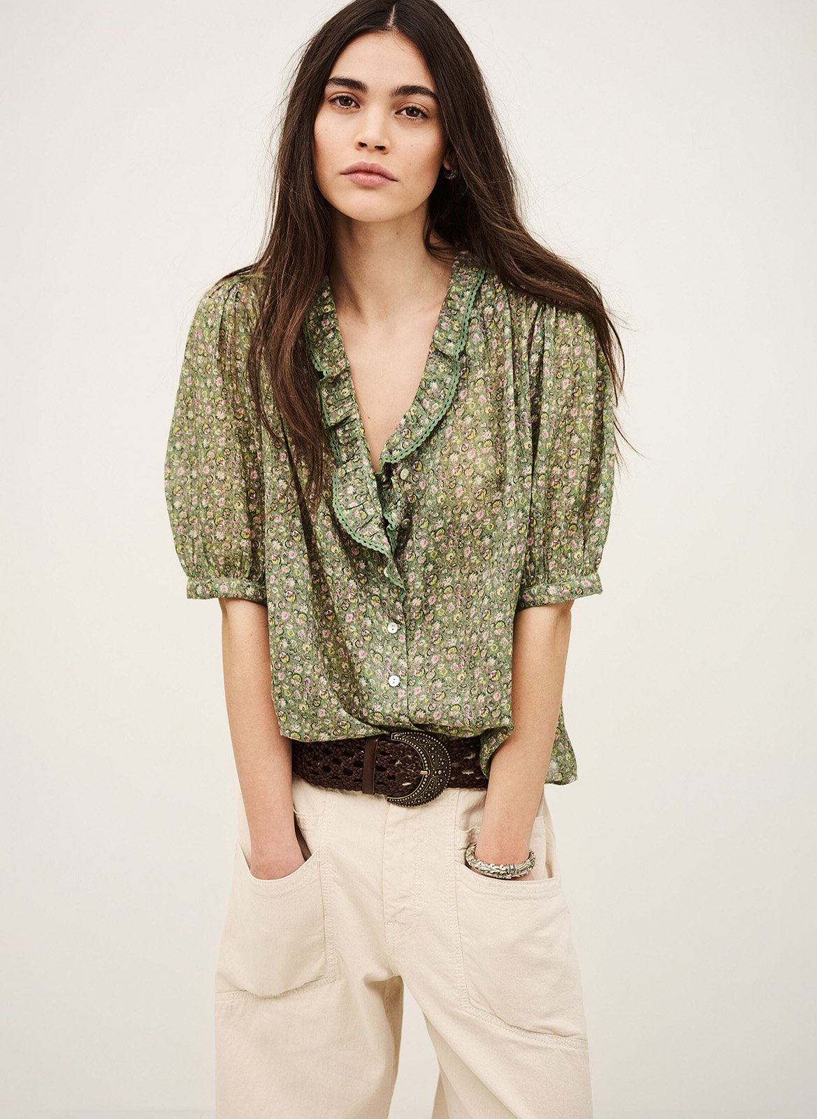 Chemise col V en coton BA&SH Vert