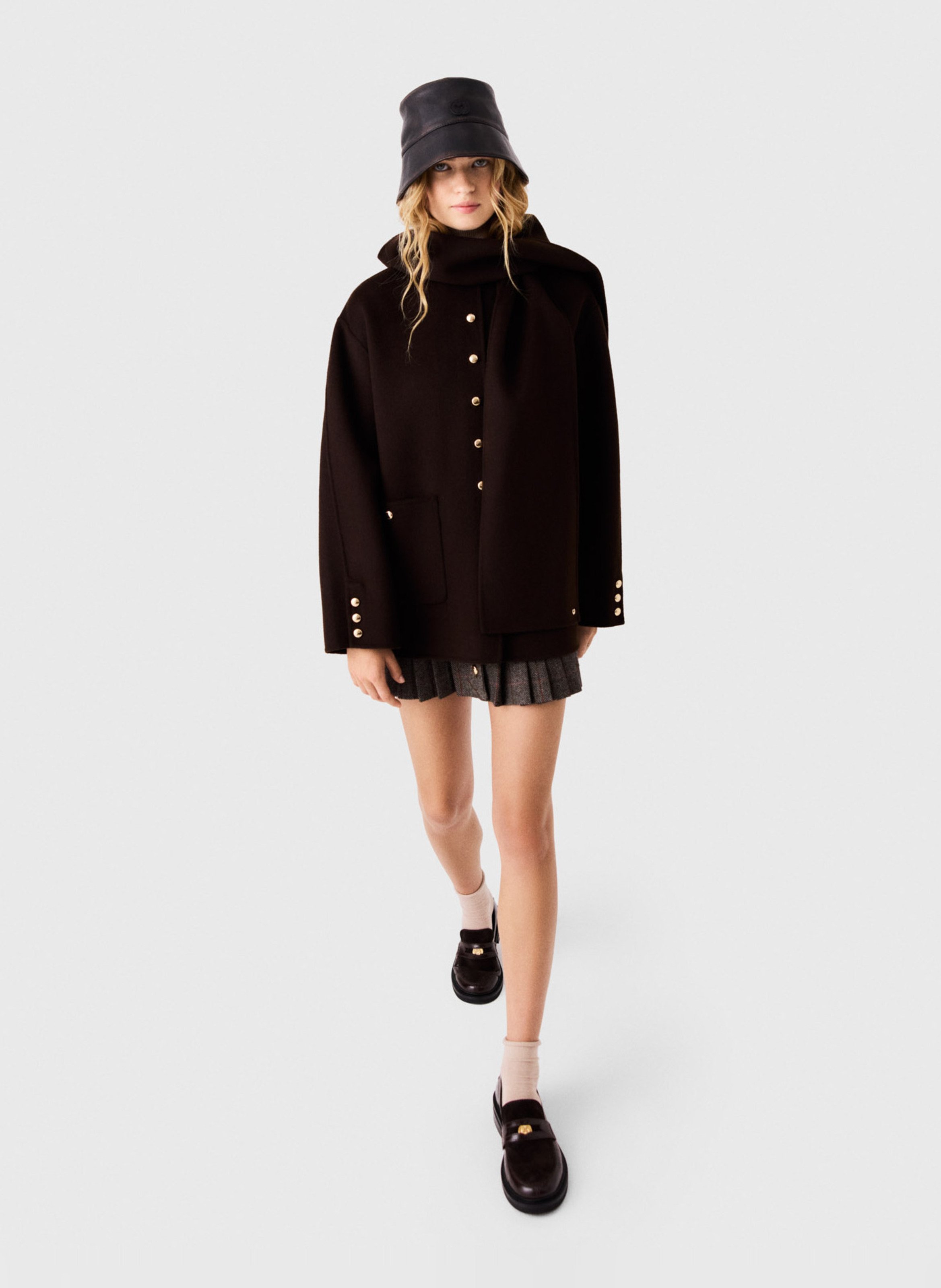 Manteau droit col rond à écharpe amovible en laine mélangée MAJE Marron