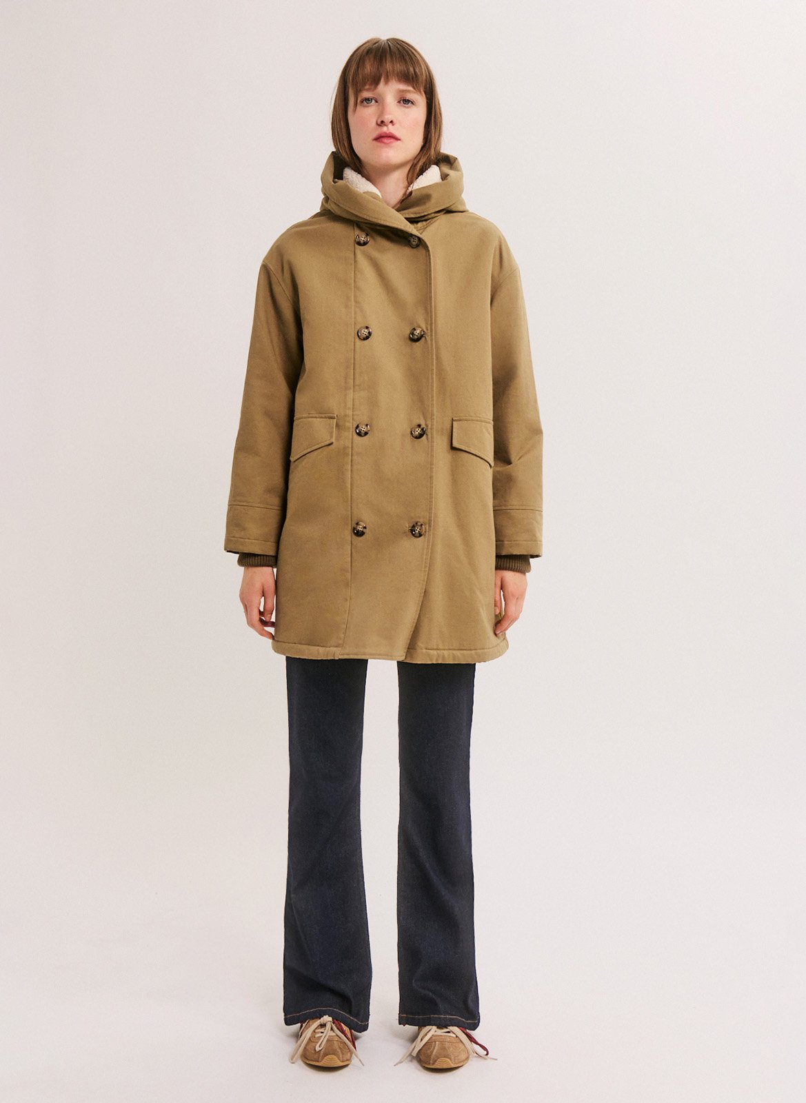 Parka droite col capuche en coton PABLO Kaki
