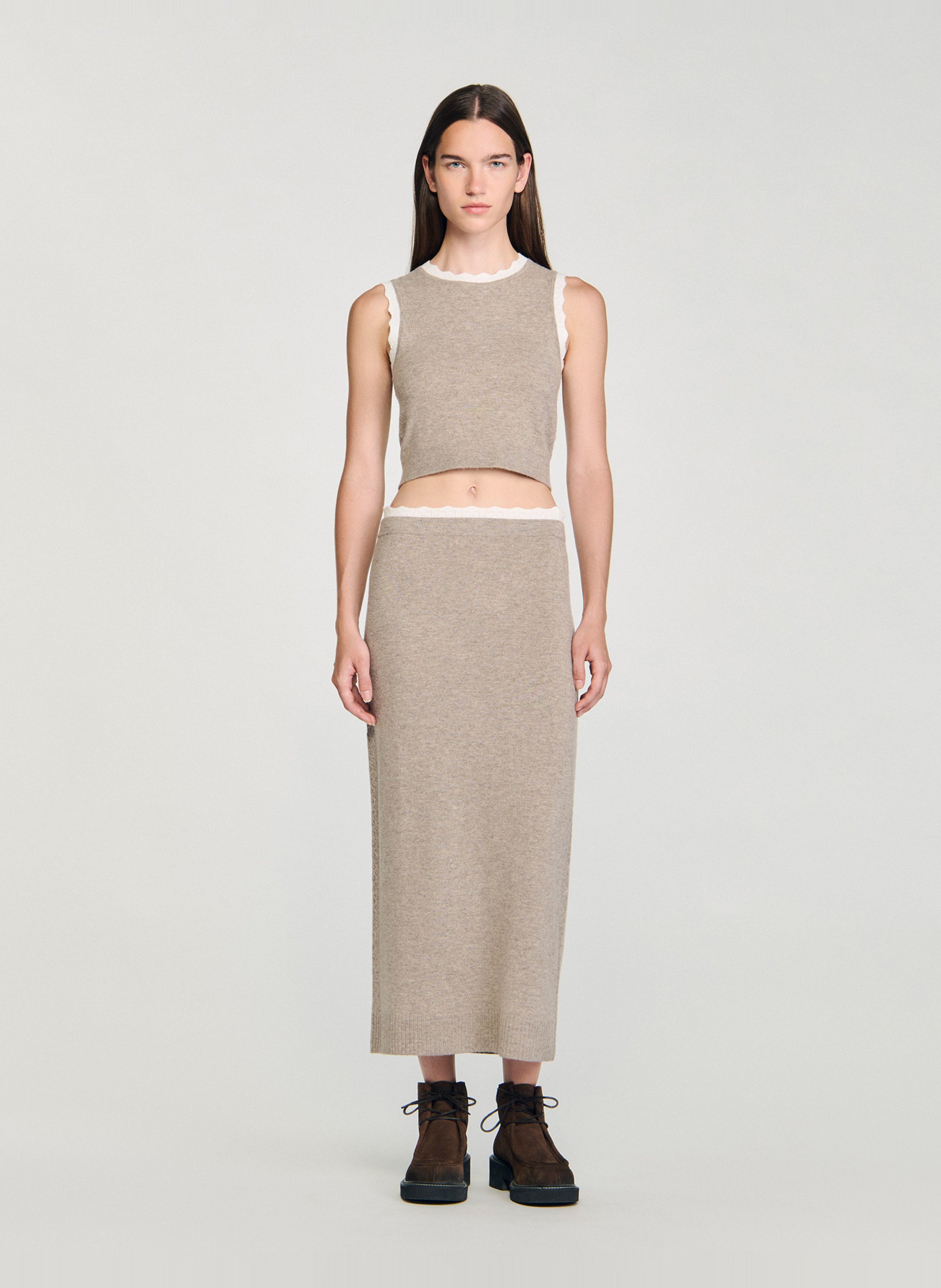 Jupe midi droite en laine mélangée SANDRO Beige
