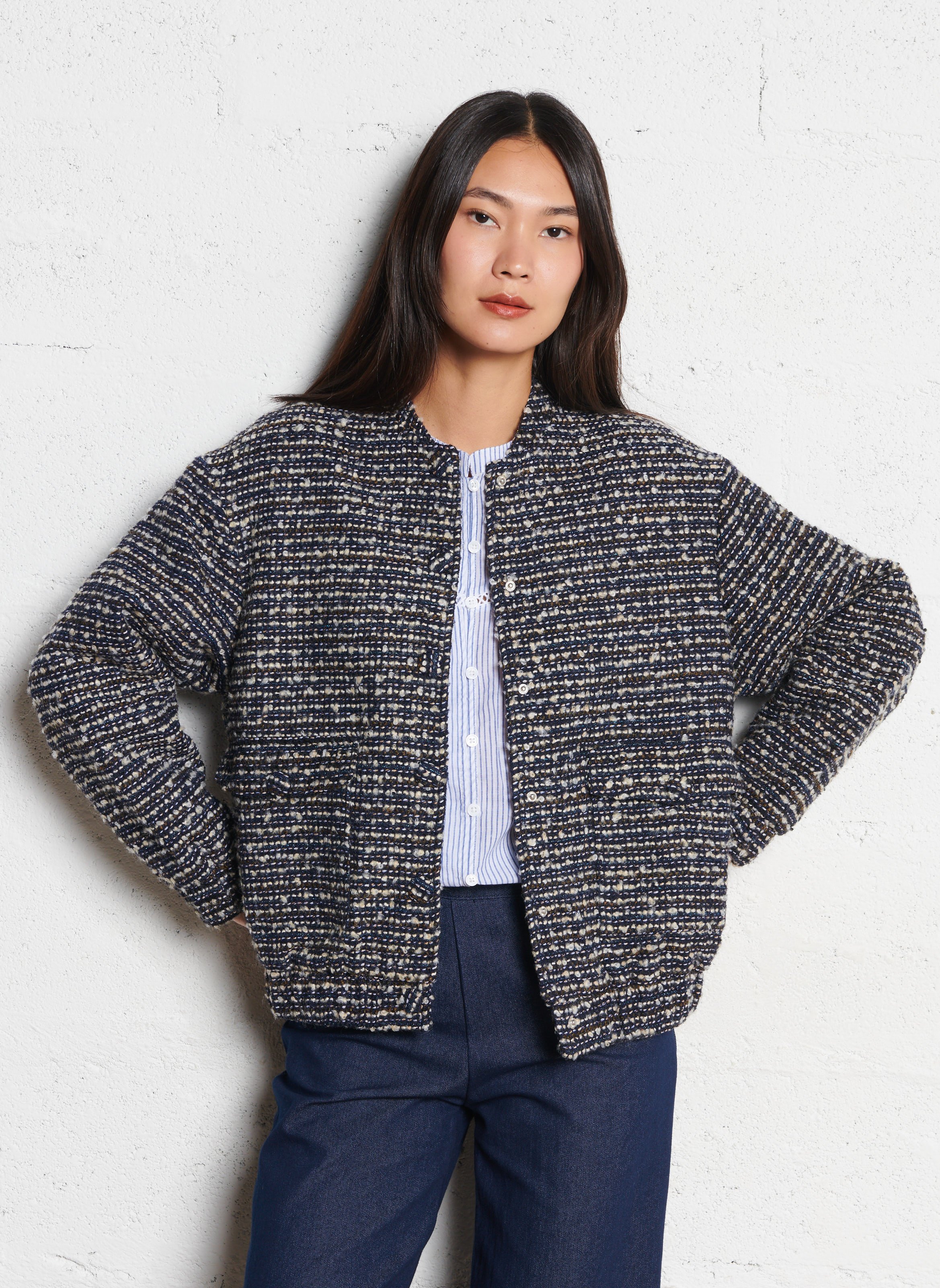 Oversize Teddy-Kragen Tweed Jacke LA PETITE ETOILE Blau