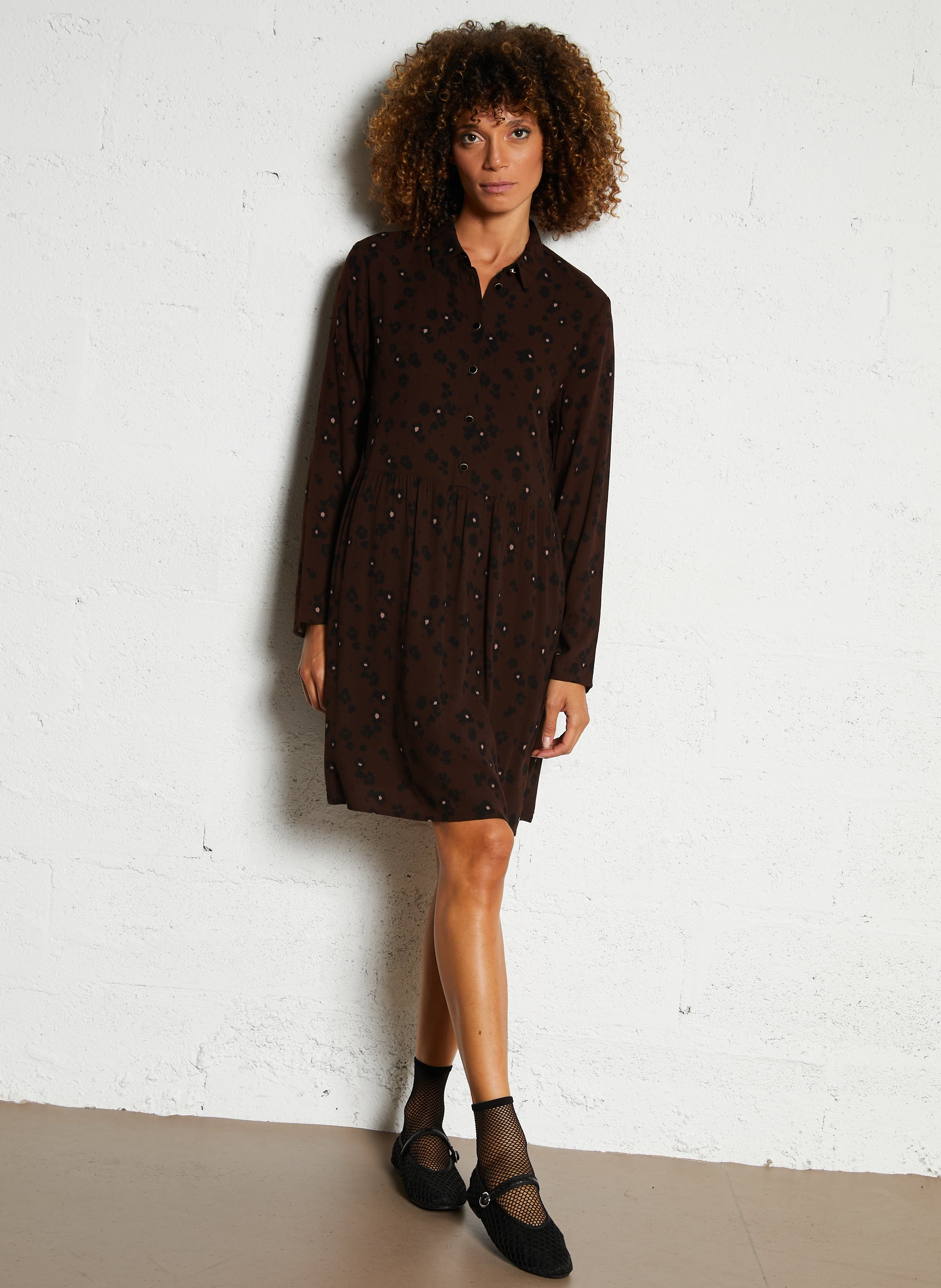Oversized shirt dress with classic collar DES PETITS HAUTS Brown