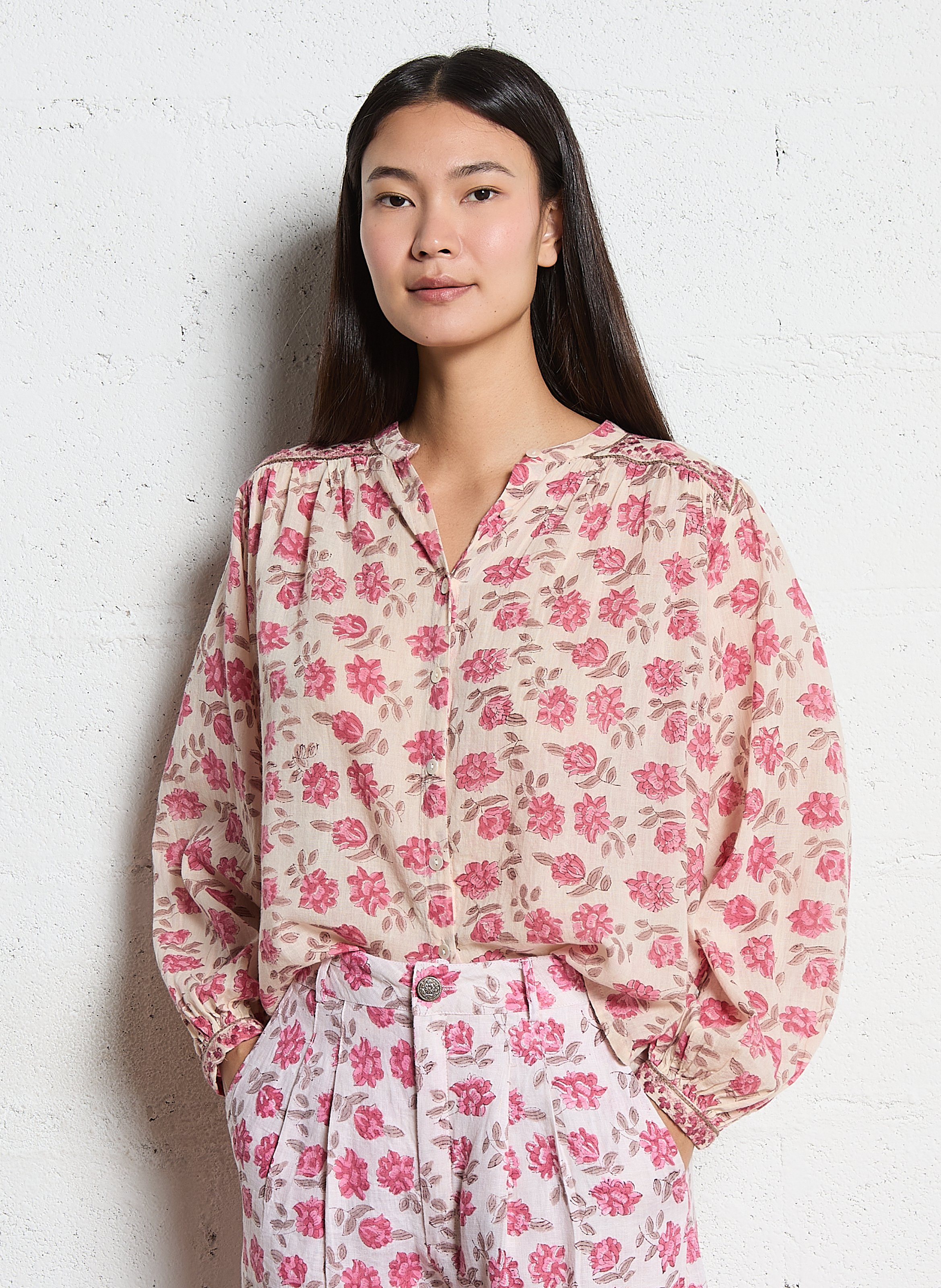 Baumwollbluse mit V-Ausschnitt MAISON HOTEL Rosa