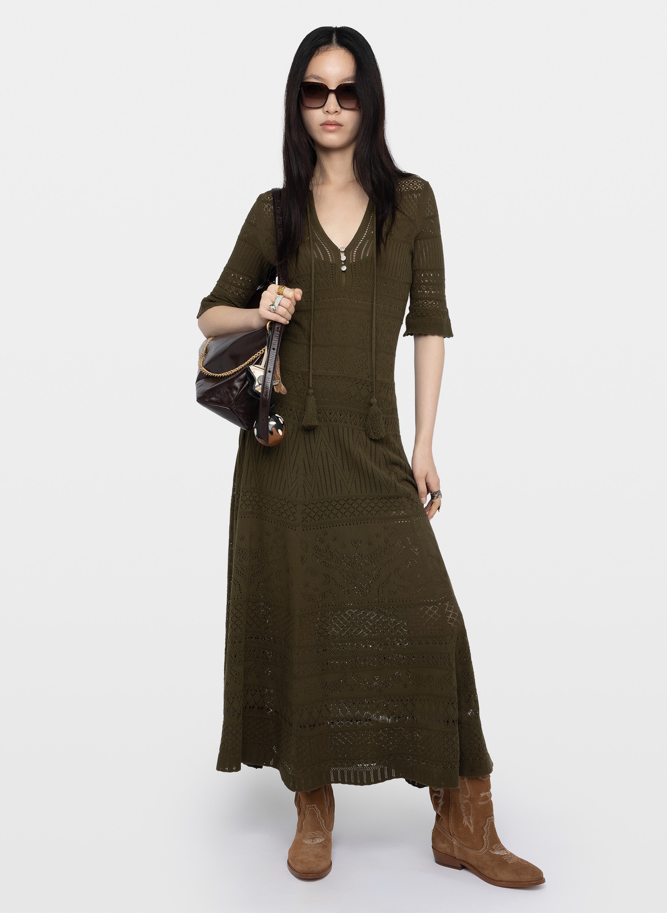 Lange, katoenen jurk met uitlopende rok en V-hals ZADIG&VOLTAIRE Groen