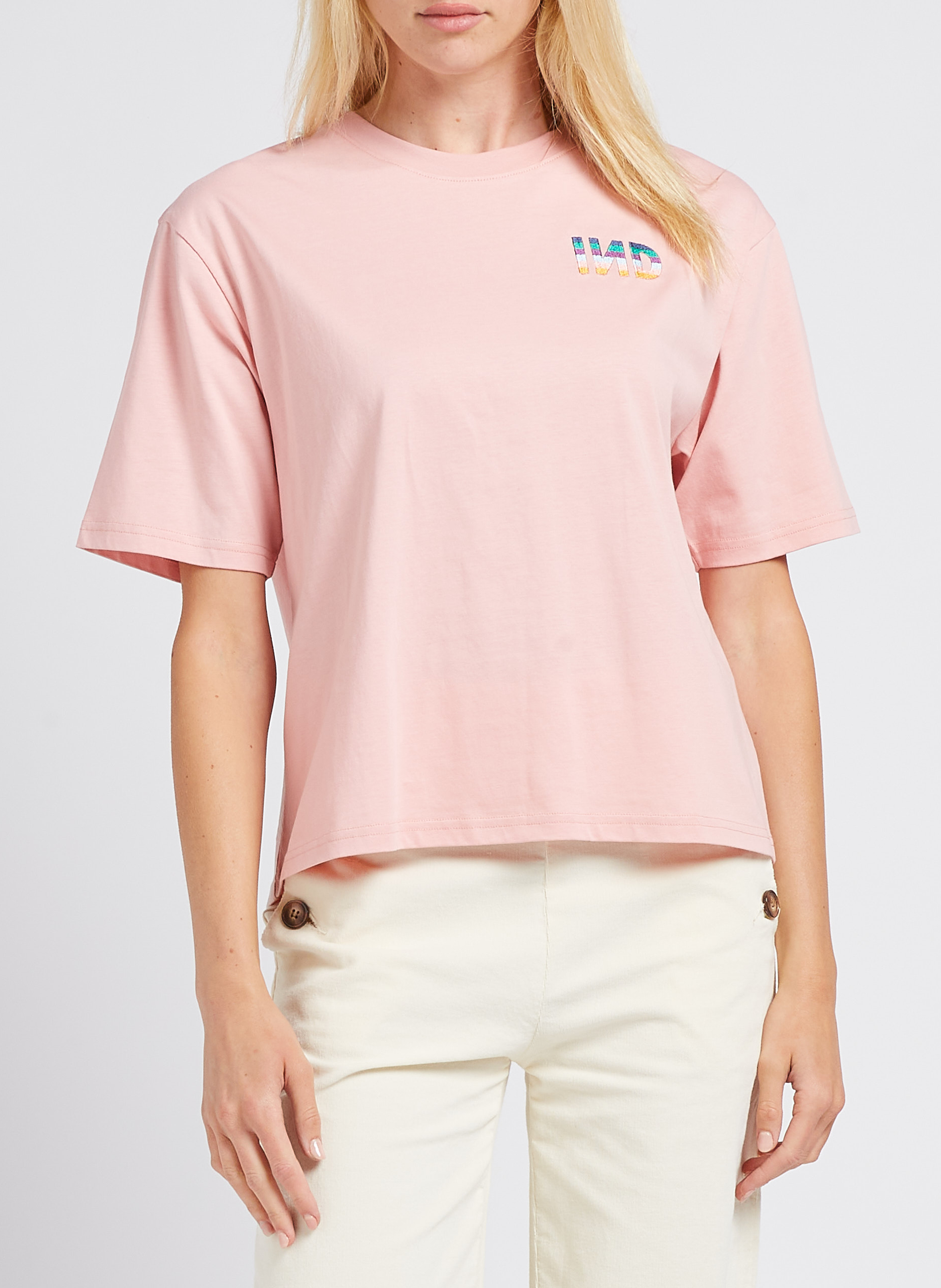 Tee-shirt col rond brodé en coton INDEE Rose