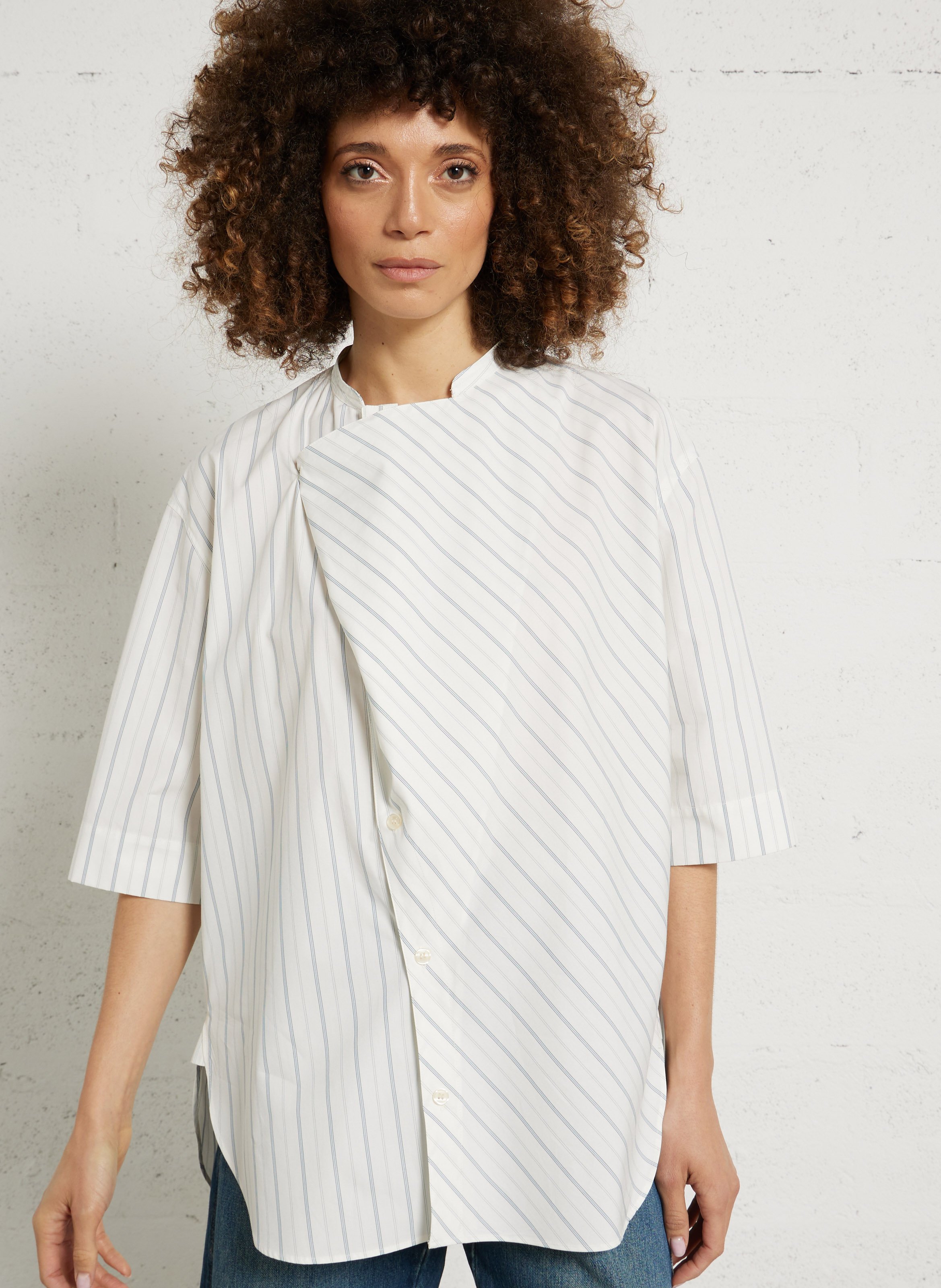 Oversized round neck striped cotton blouse SOEUR Beige