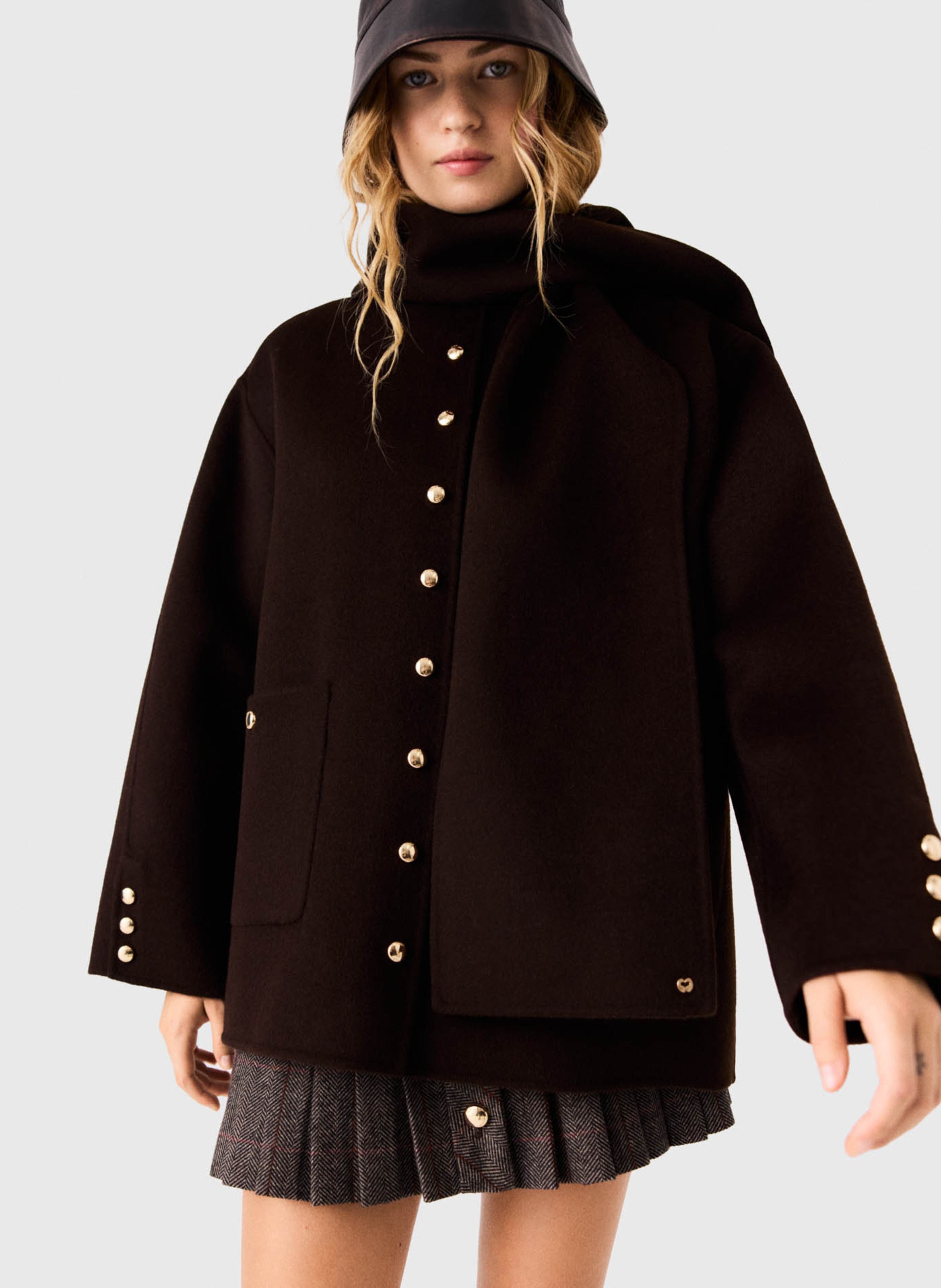 Manteau droit col rond à écharpe amovible en laine mélangée MAJE Marron