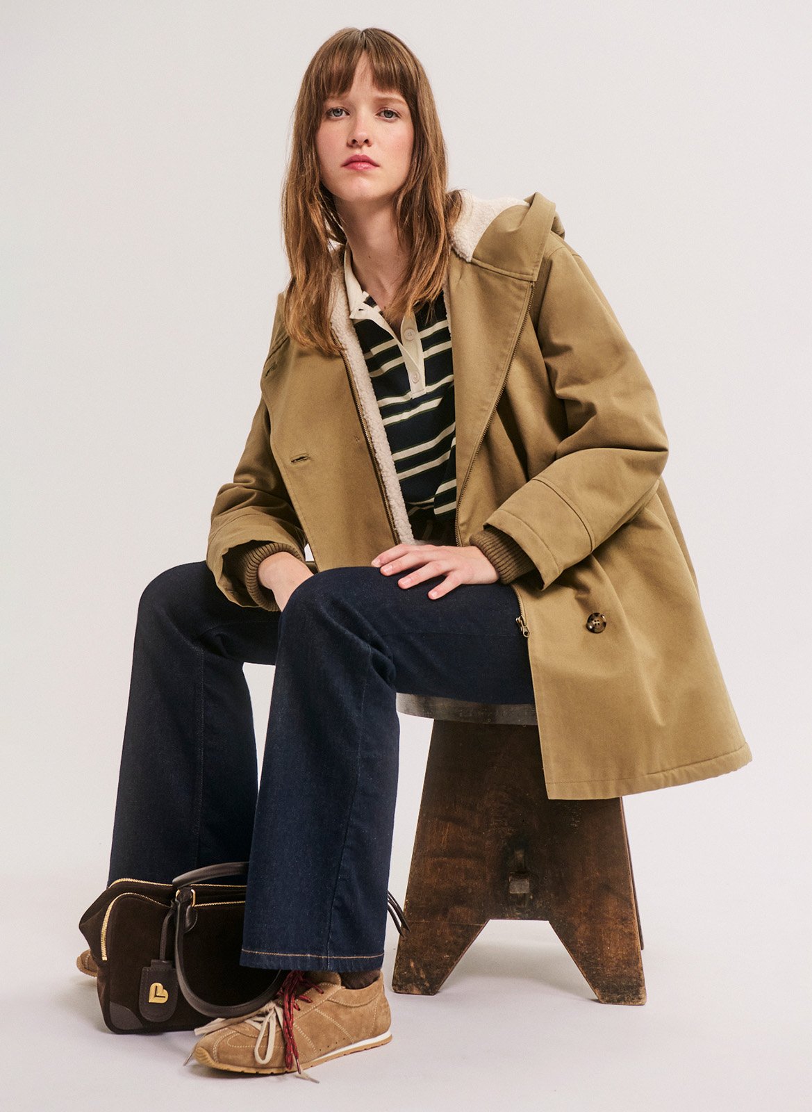 Parka droite col capuche en coton PABLO Kaki