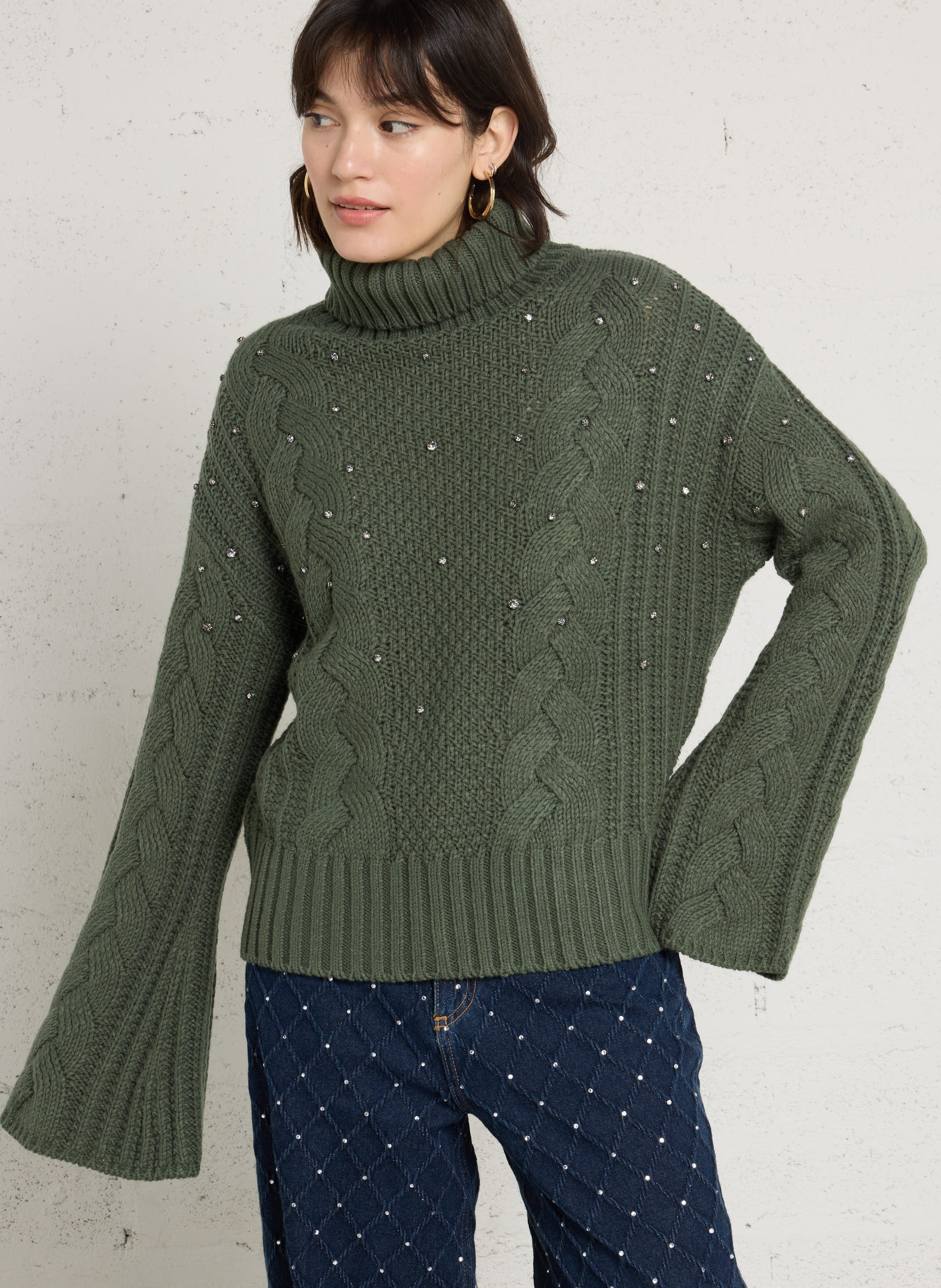 Pull ample col roulé à strass LIU JO Vert