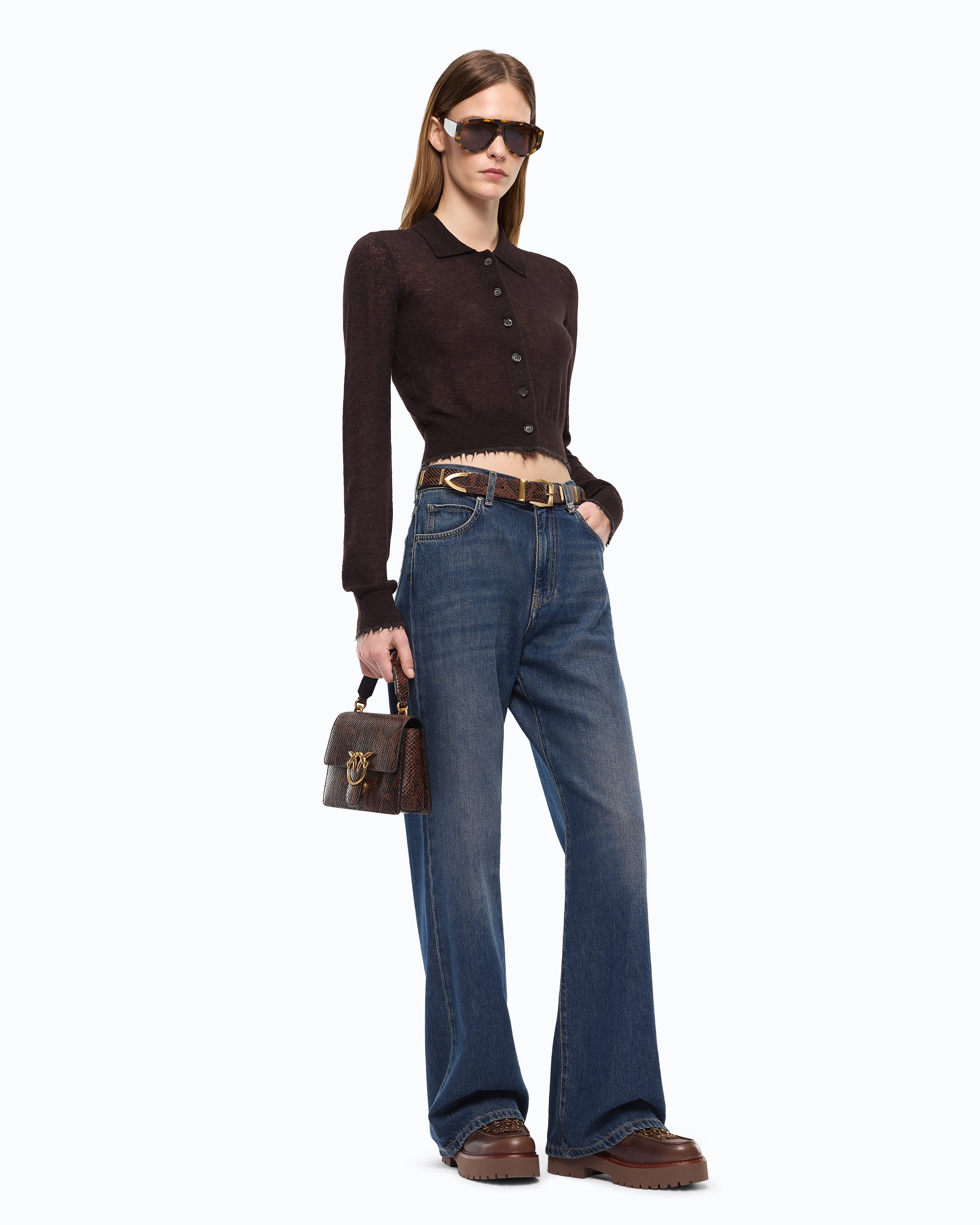 Cardigan cropped à col polo PINKO Marron