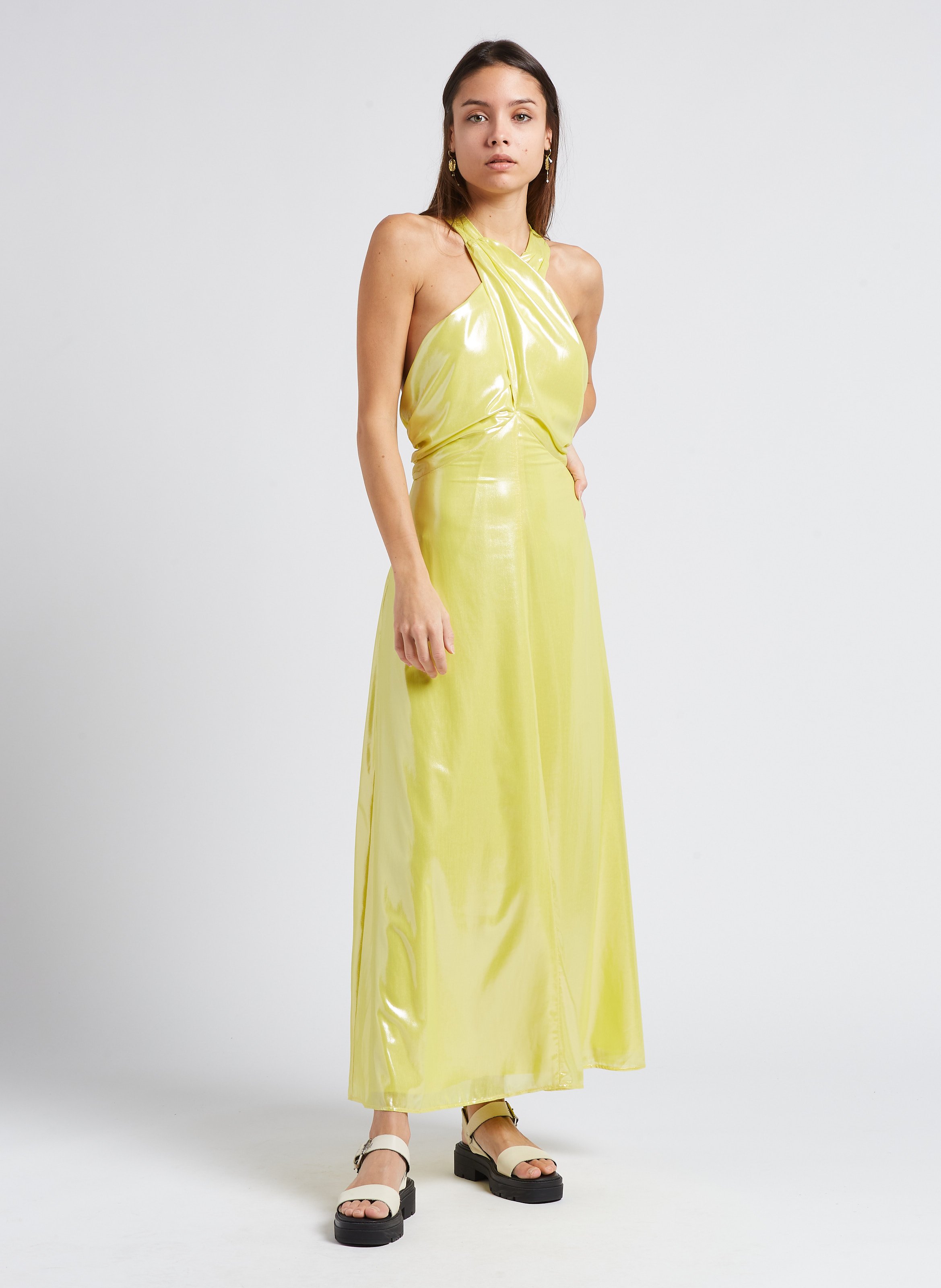 Robe longue droite encolure V Jaune