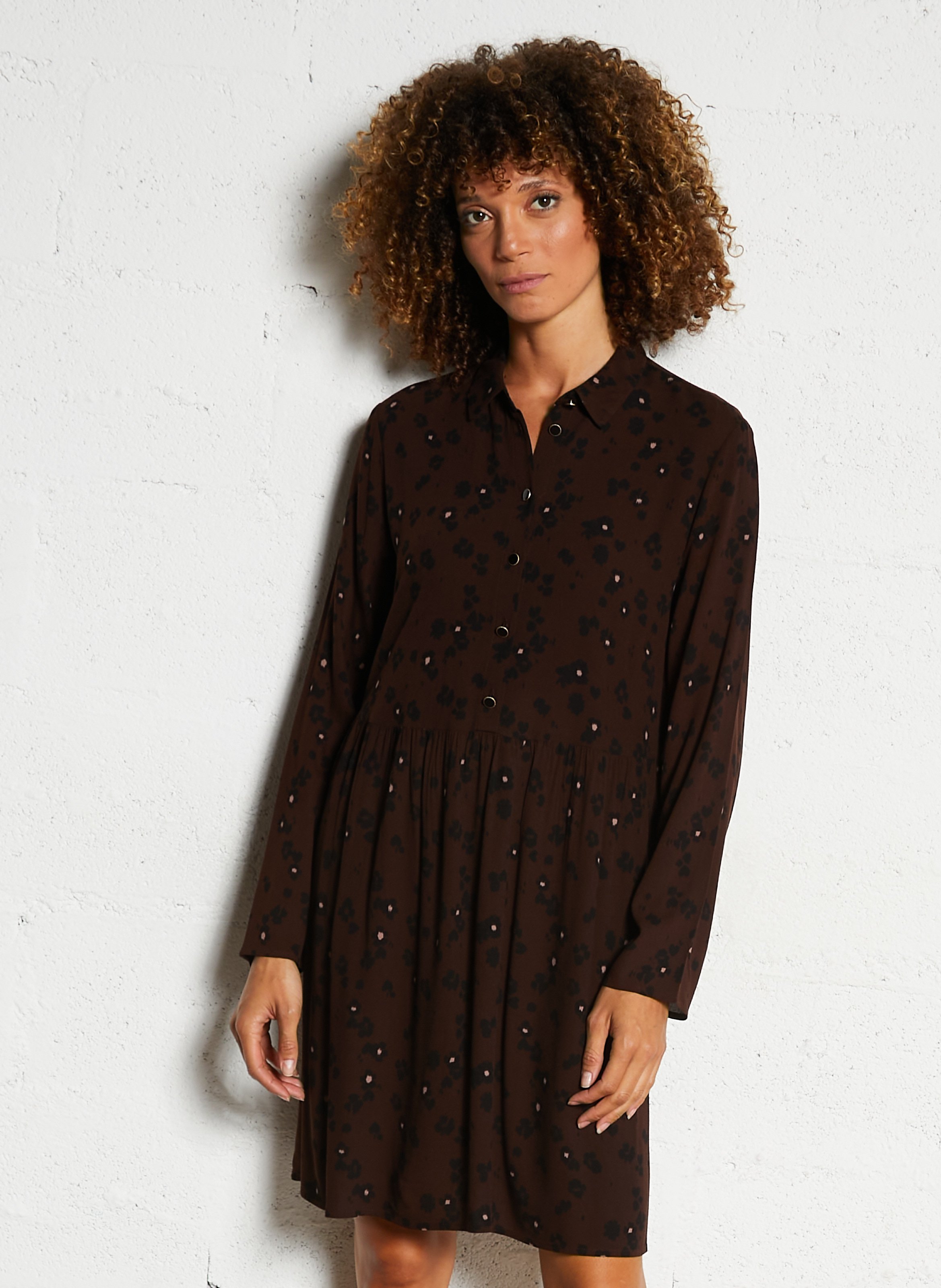 Oversized shirt dress with classic collar DES PETITS HAUTS Brown