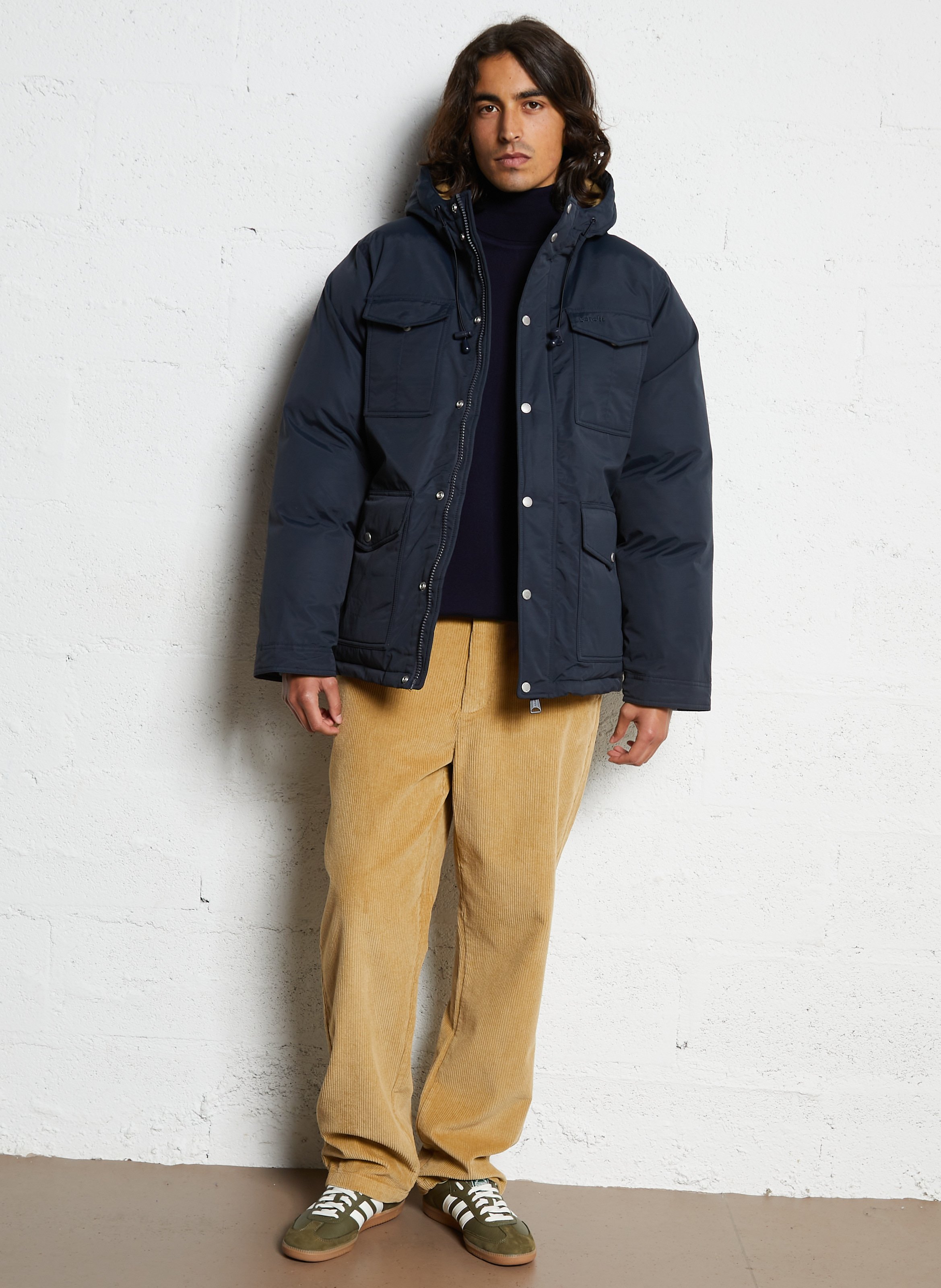 Parka droite à capuche en coton mélangé SCHOTT Bleu