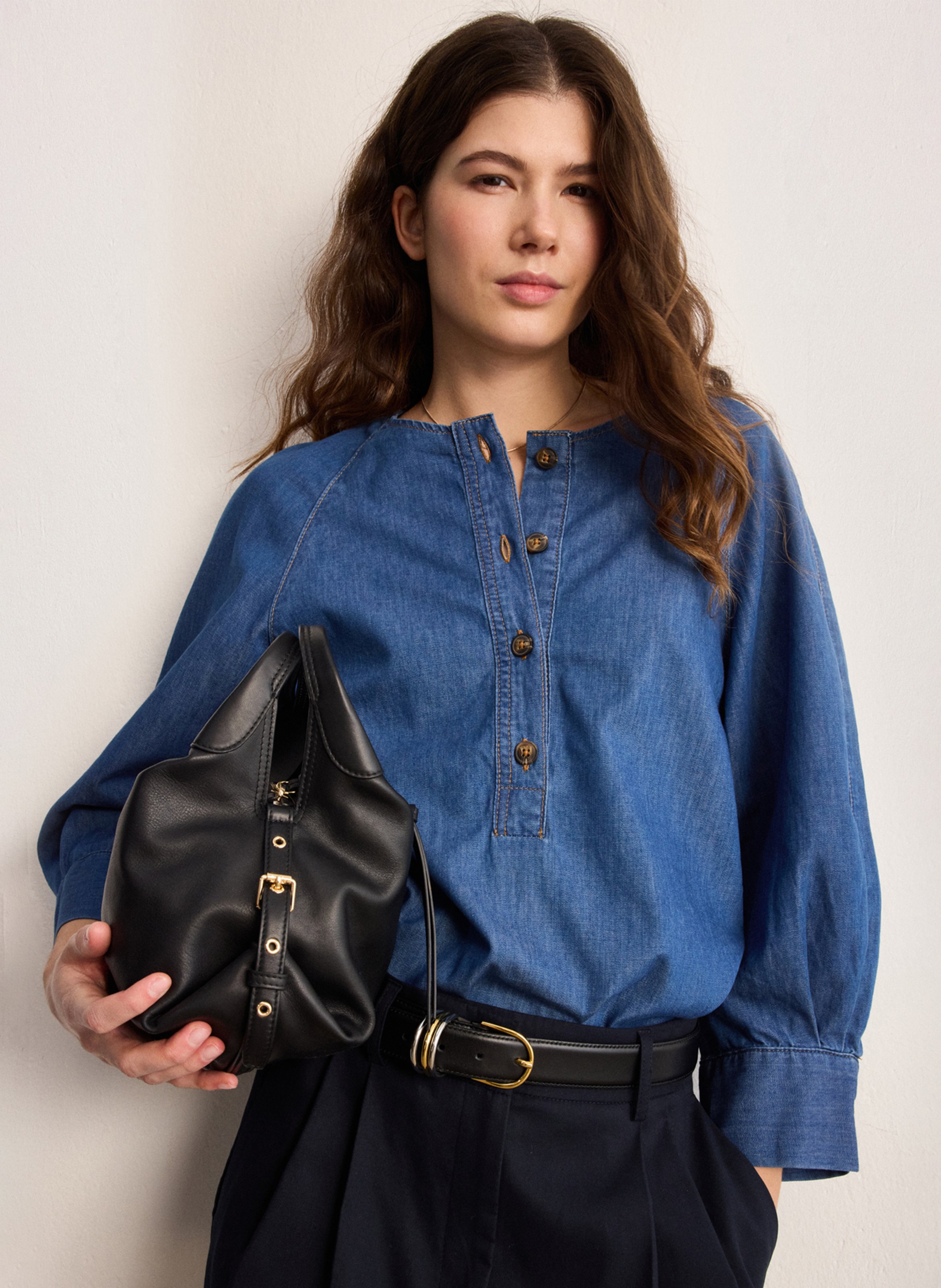 Straight cotton round-neck blouse PABLO Blue