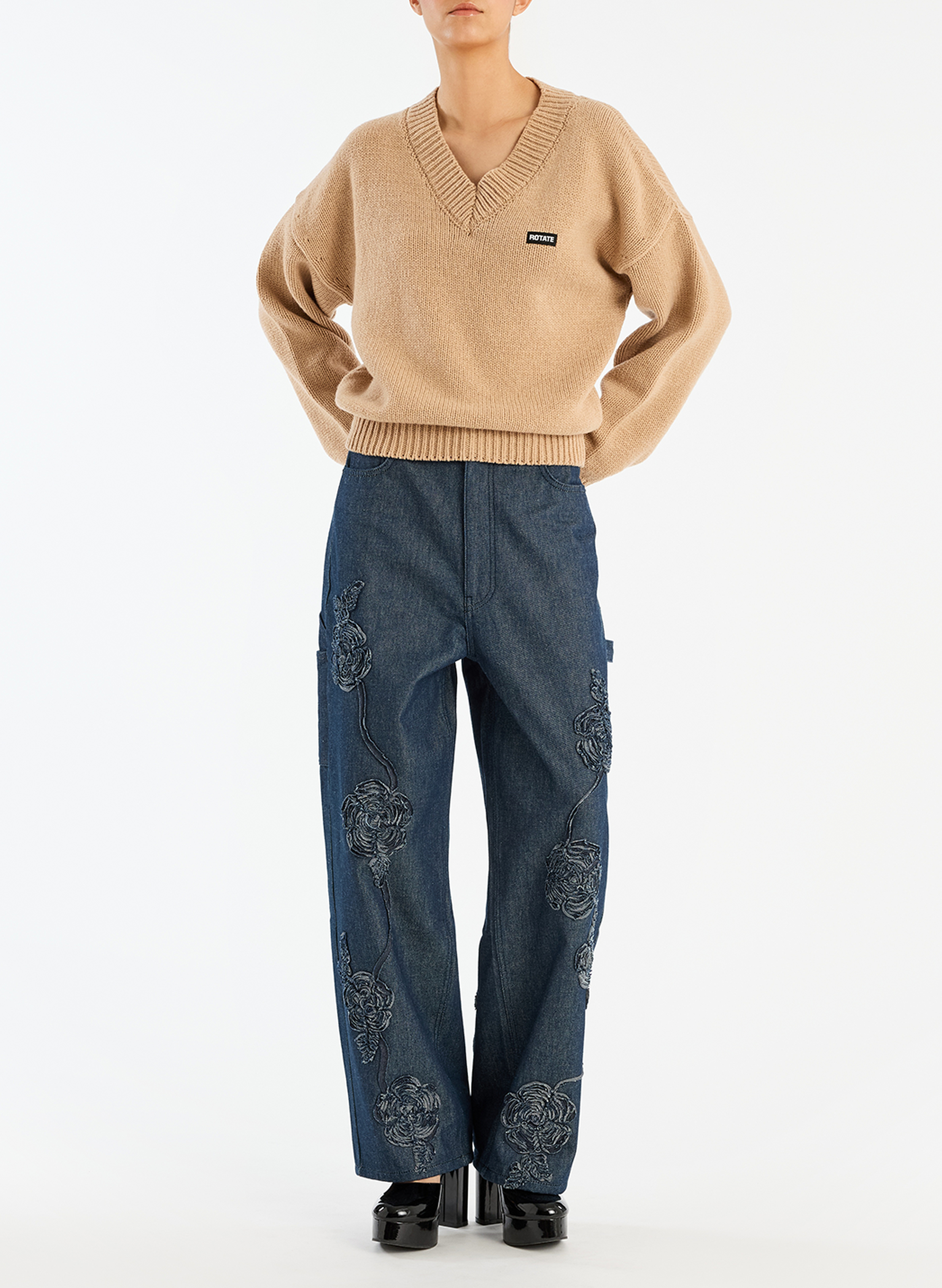 Einfarbiges V-Ausschnitt-Pullover aus Wolle und Kaschmir ROTATE Beige
