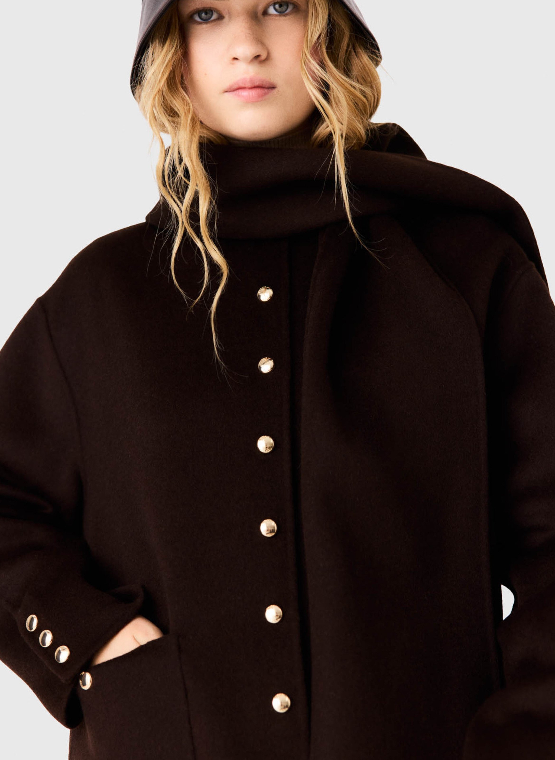 Manteau droit col rond à écharpe amovible en laine mélangée MAJE Marron