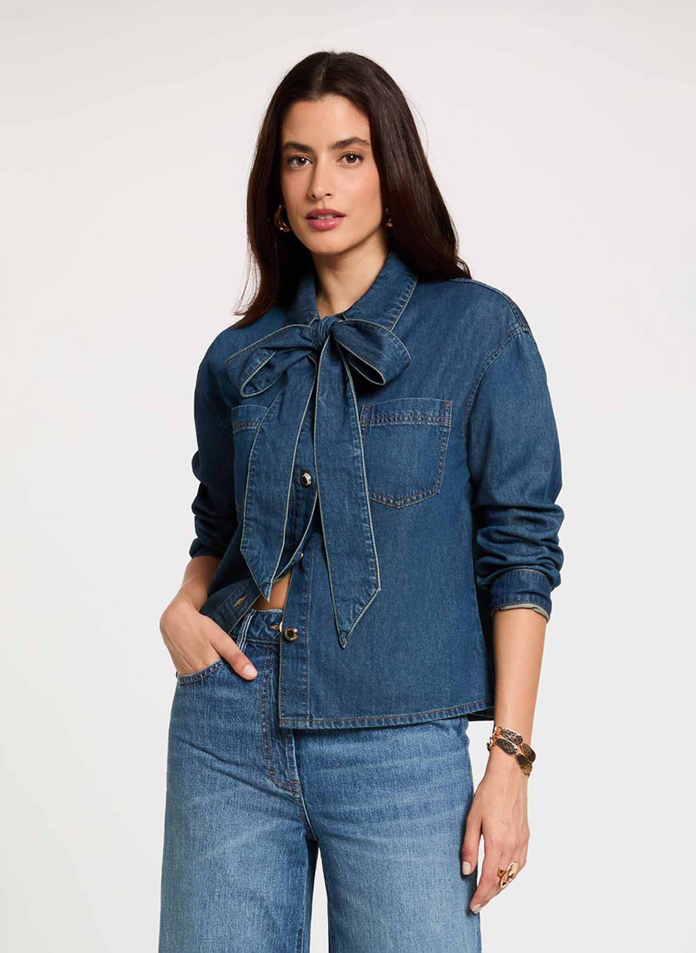 Chemise denim droite en coton mélangé MORGAN Bleu