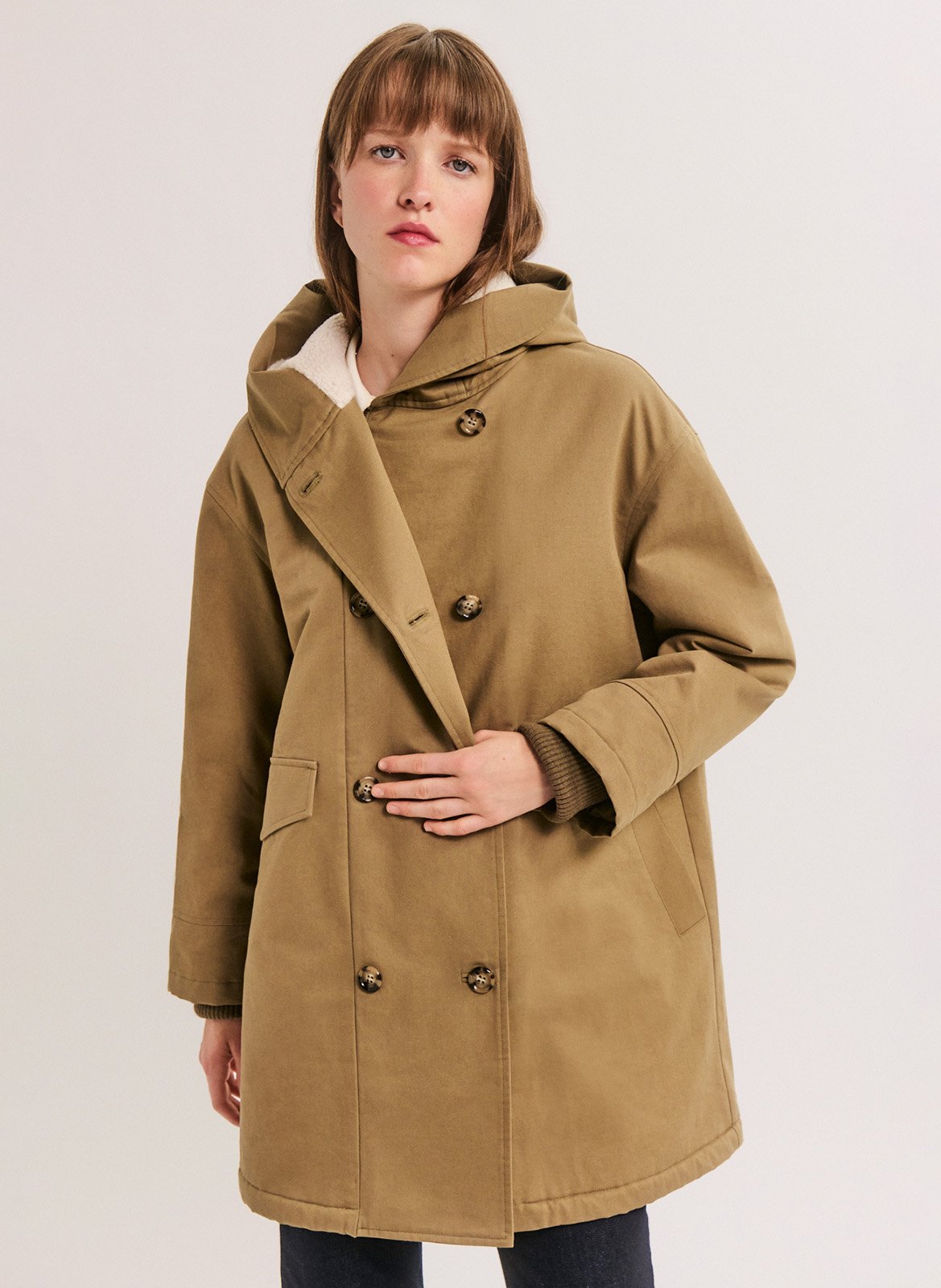 Parka droite col capuche en coton PABLO Kaki