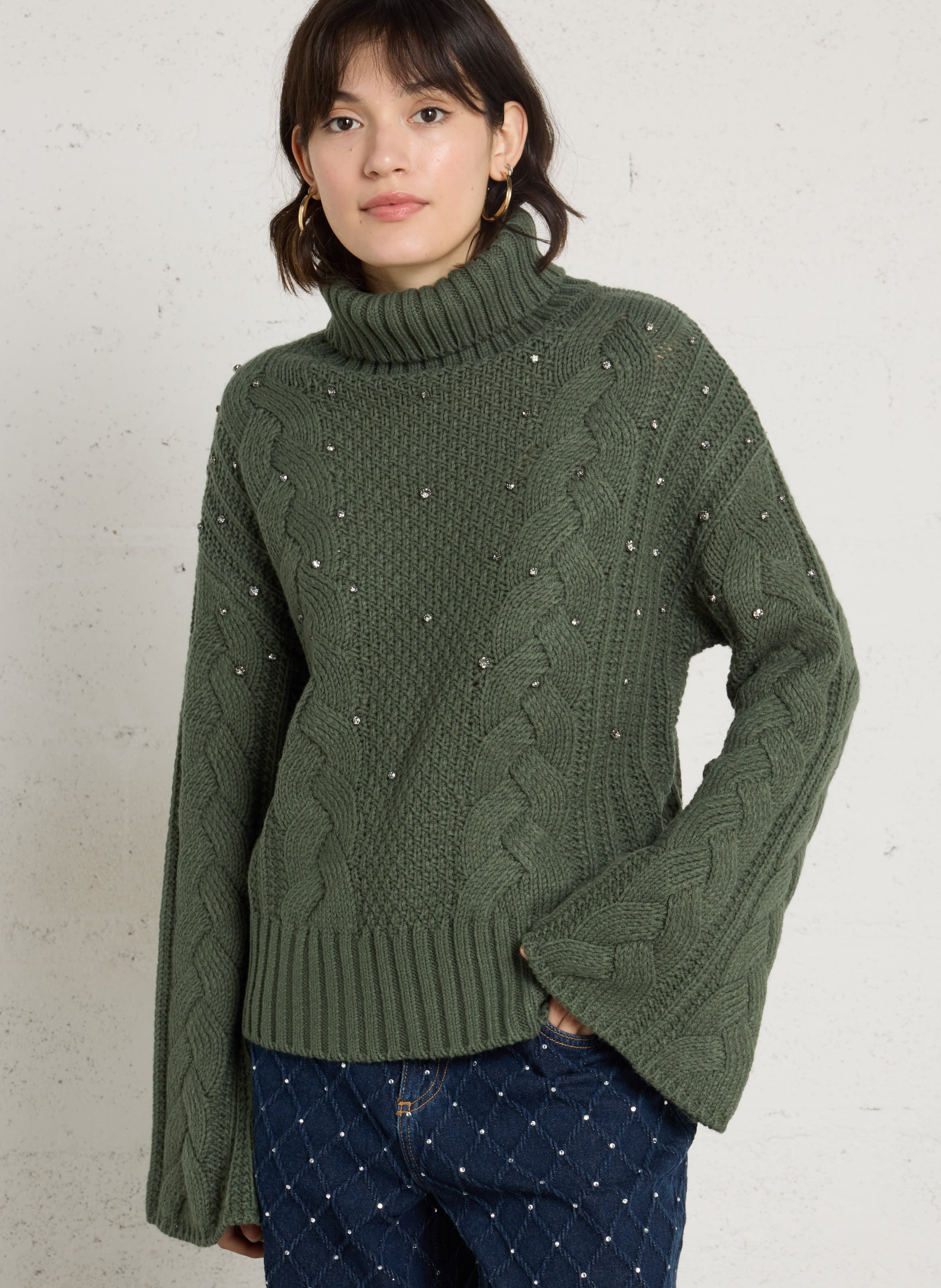 Pull ample col roulé à strass LIU JO Vert
