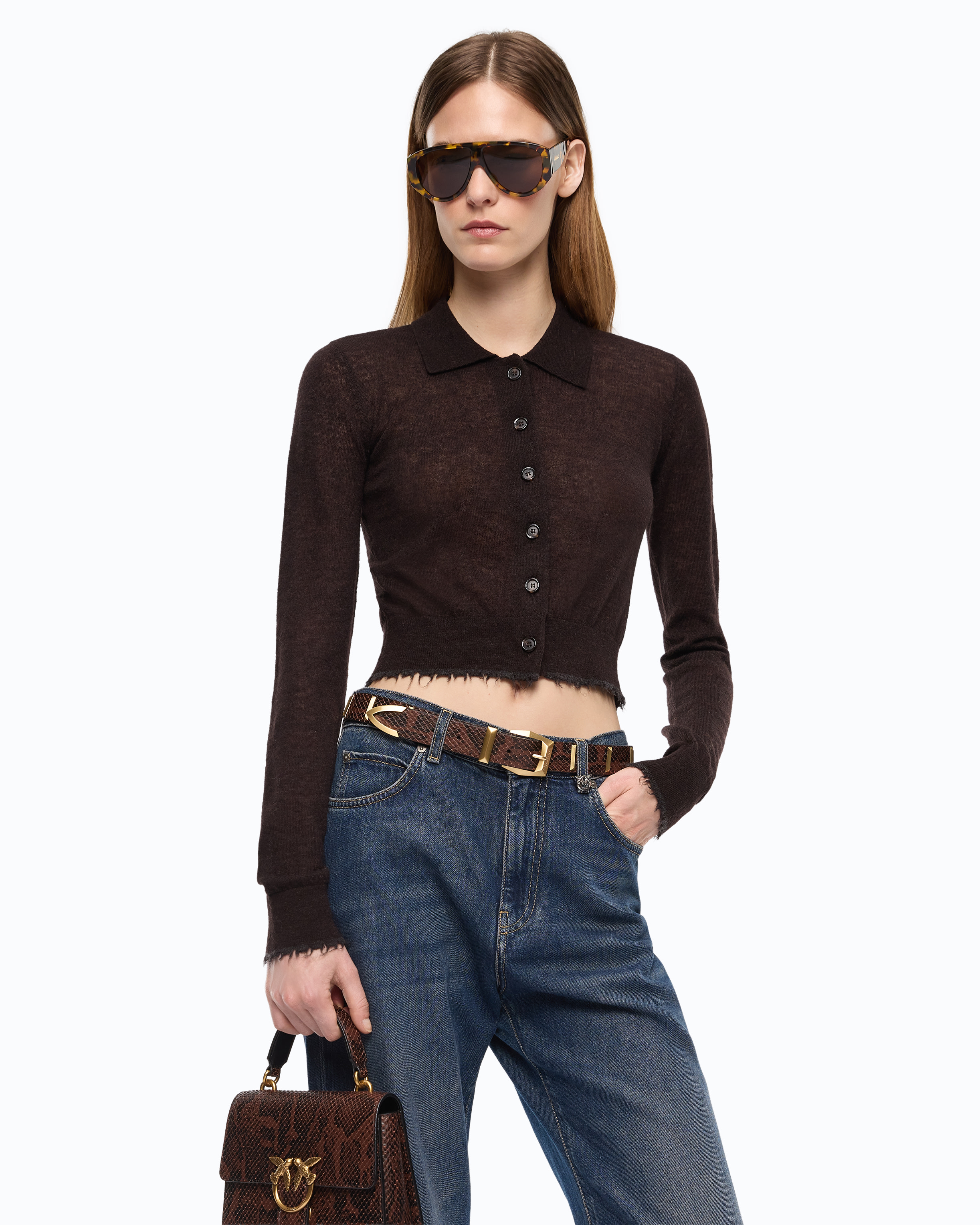 Cardigan cropped à col polo PINKO Marron
