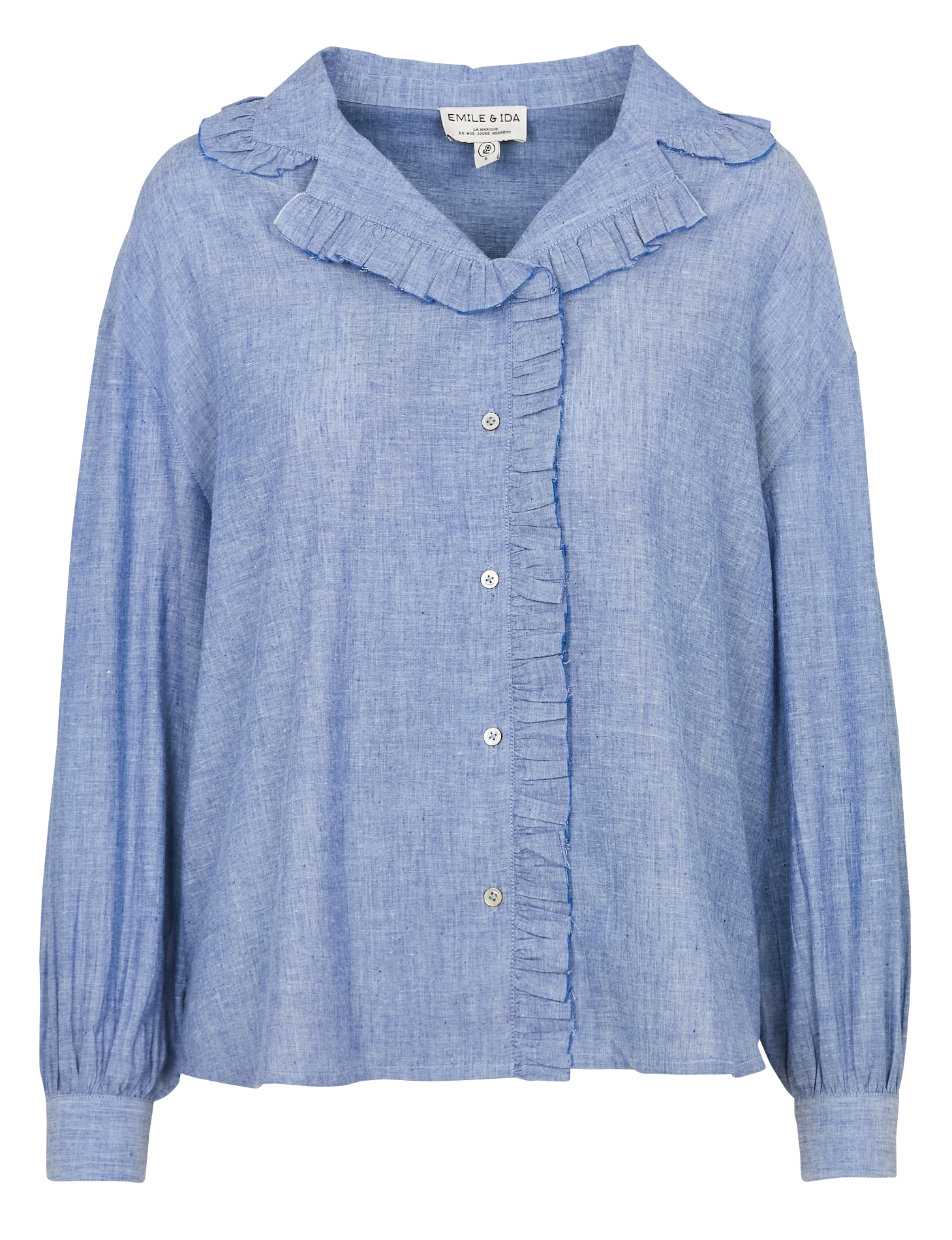 Bluse mit klassischem Kragen und Rüschen aus Baumwolle EMILE ET IDA Blau