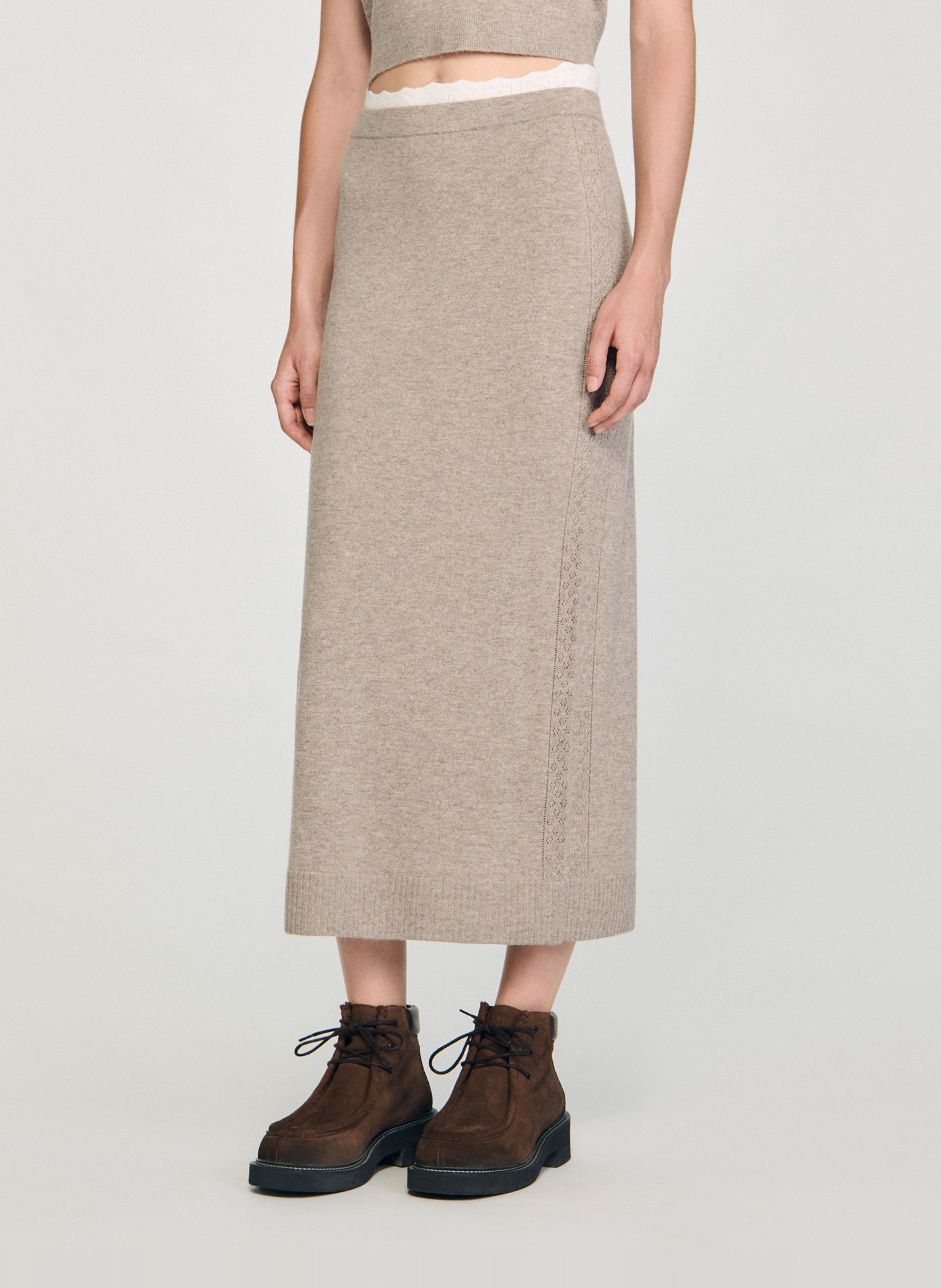 Jupe midi droite en laine mélangée SANDRO Beige
