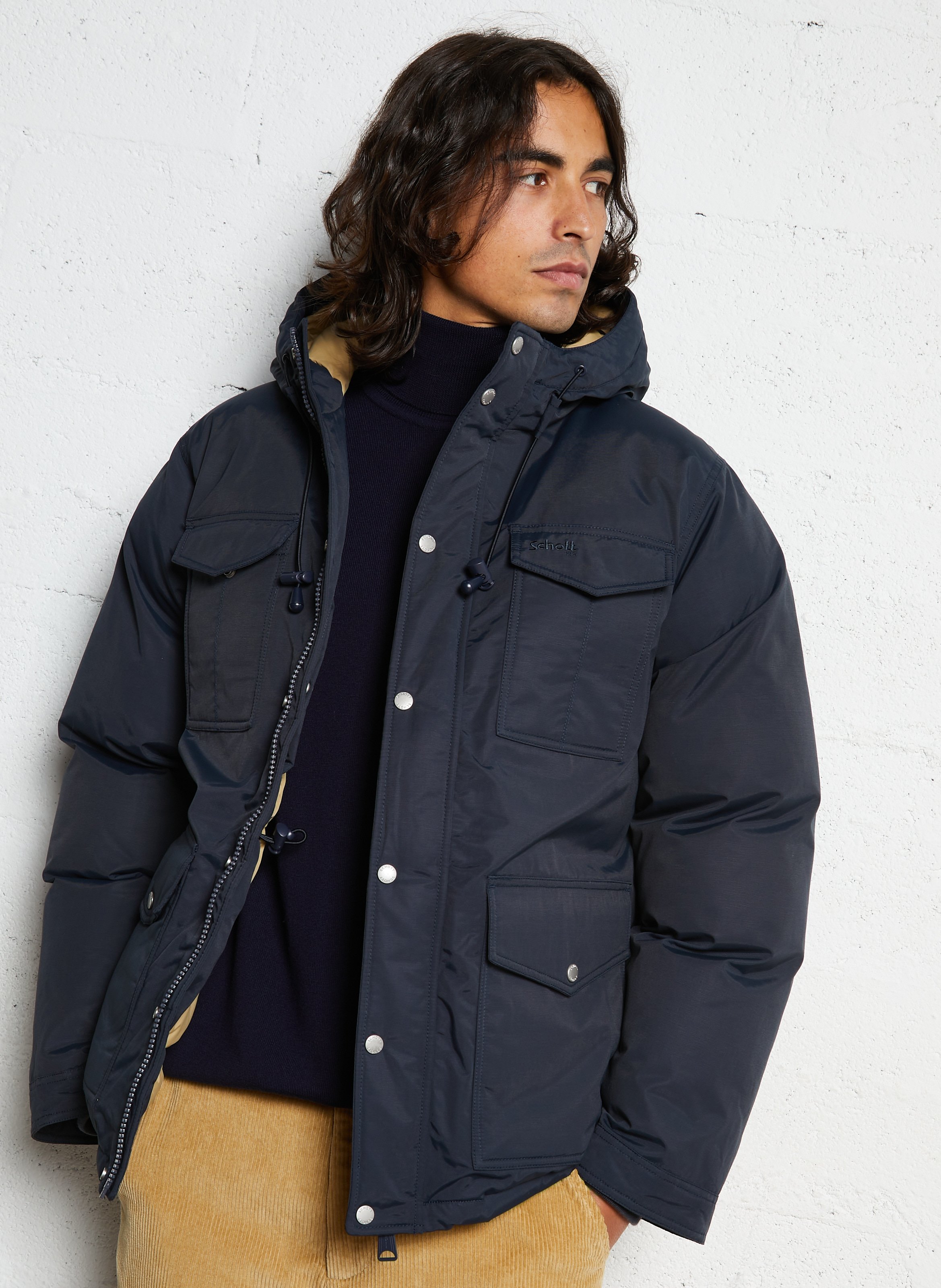 Parka droite à capuche en coton mélangé SCHOTT Bleu