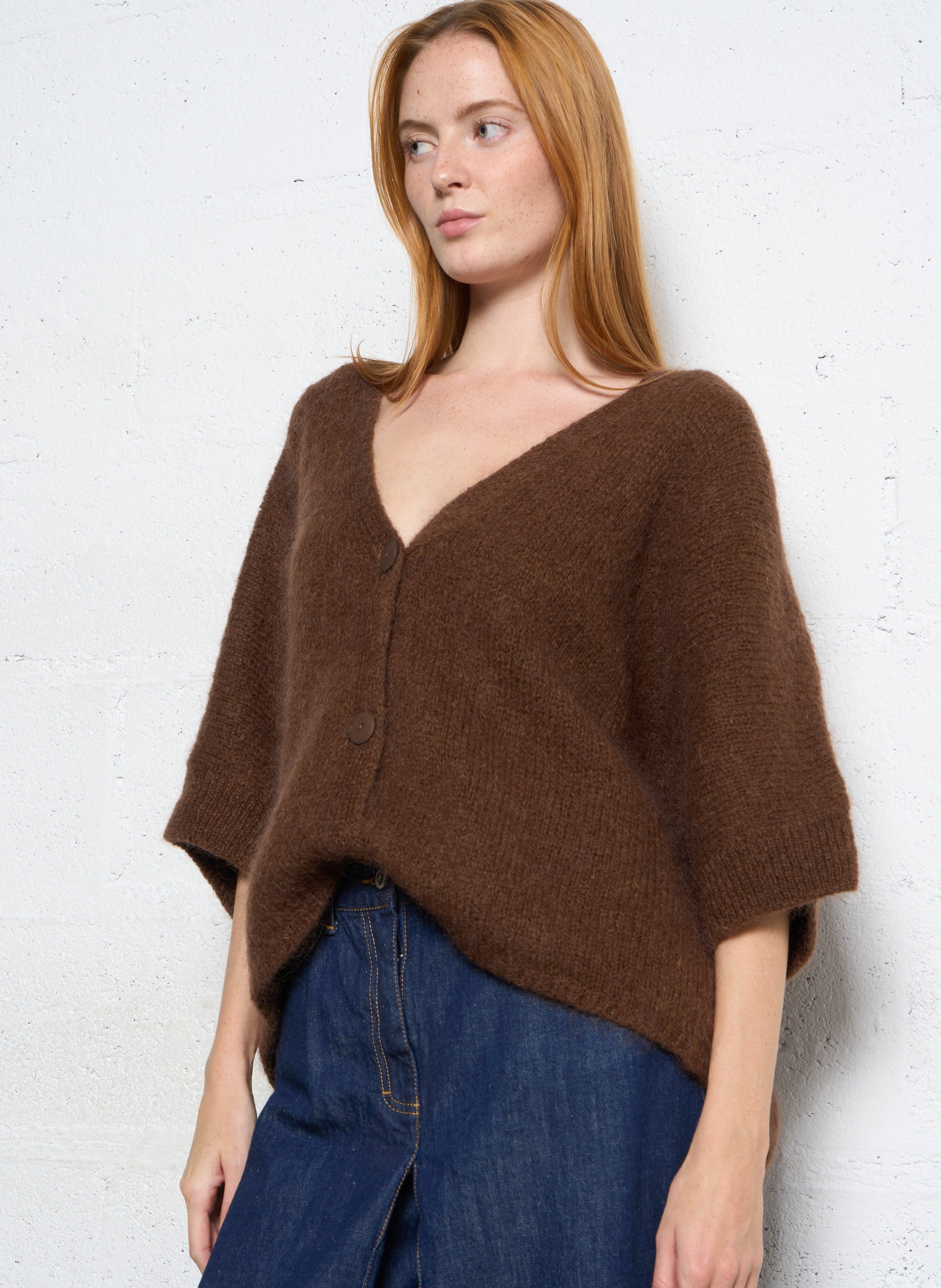 Gilet à col V ample en maille mélangée PLEASE