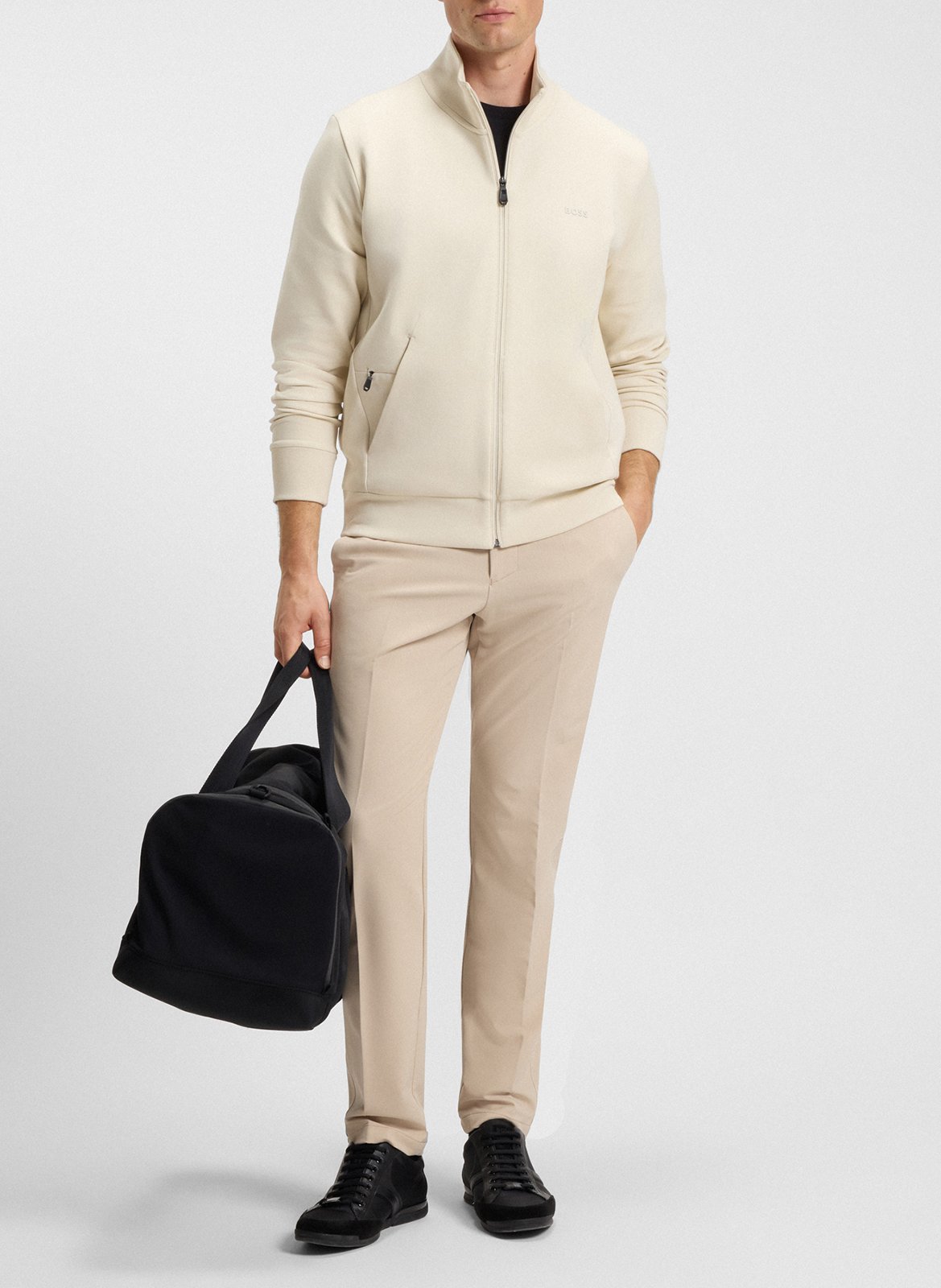 Screen-printed stretch cotton straight zipped sweater BOSS White