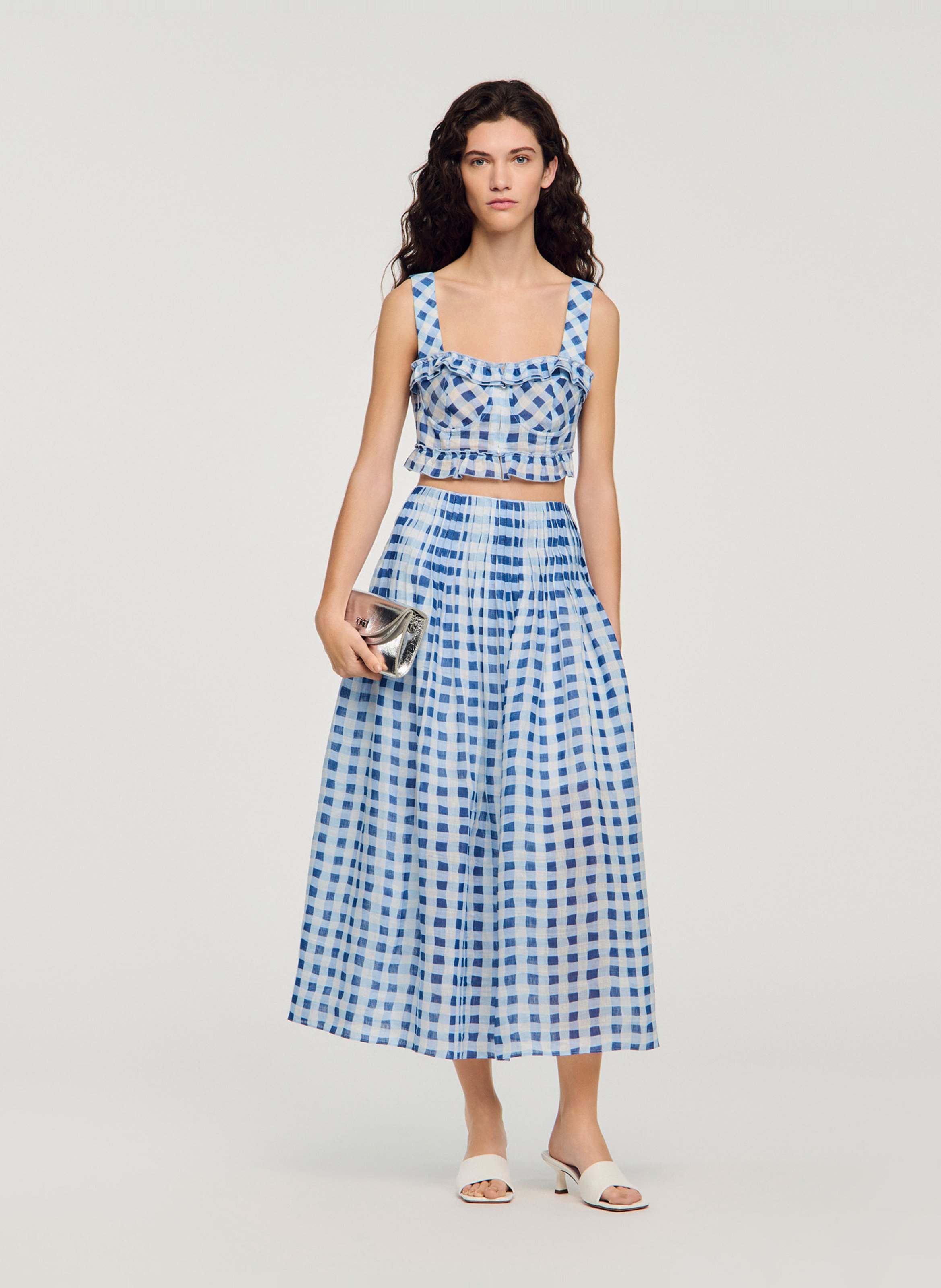 Rok met Vichy-ruitjes van gemengd linnen SANDRO Blauw