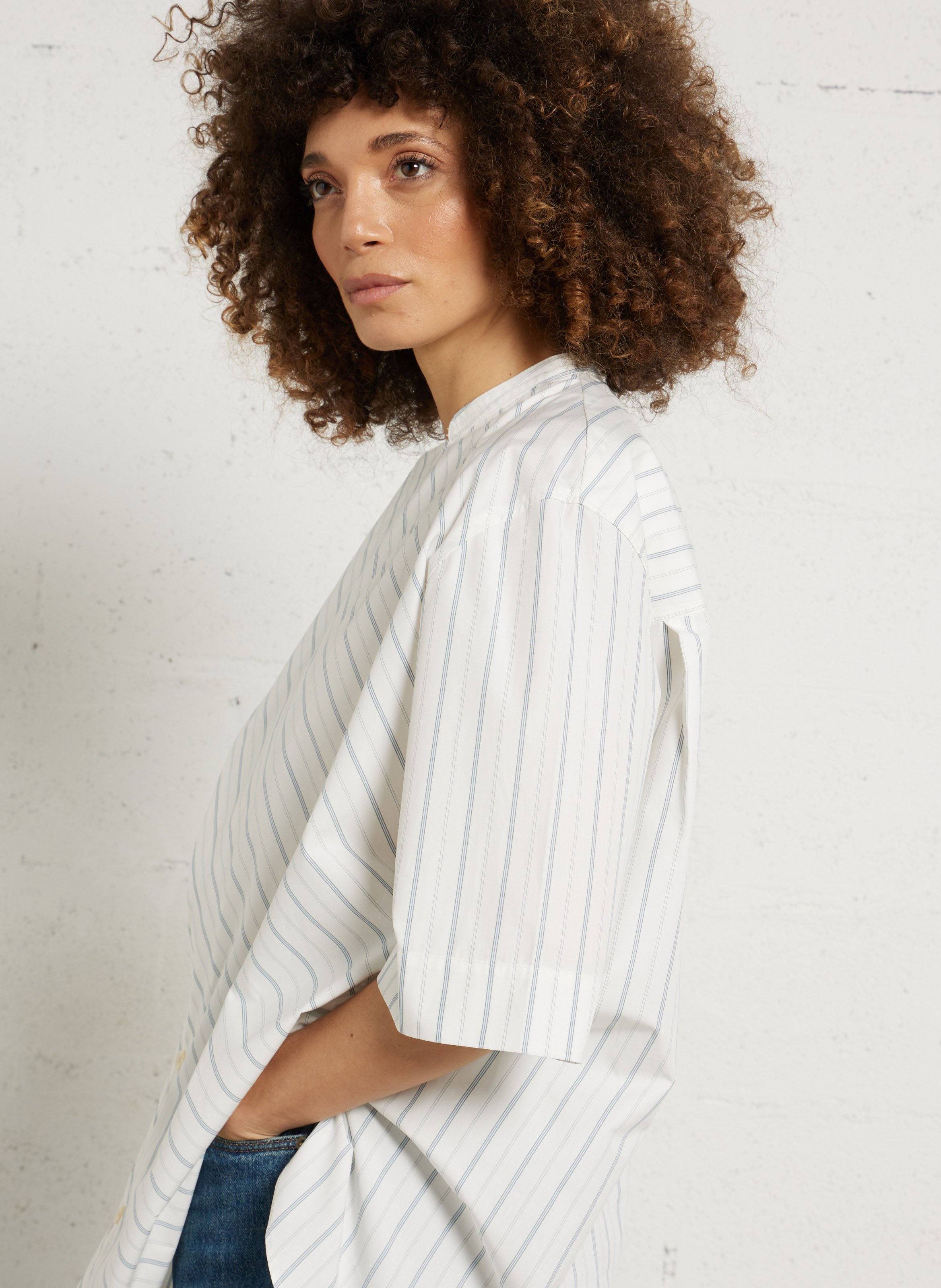 Oversized round neck striped cotton blouse SOEUR Beige