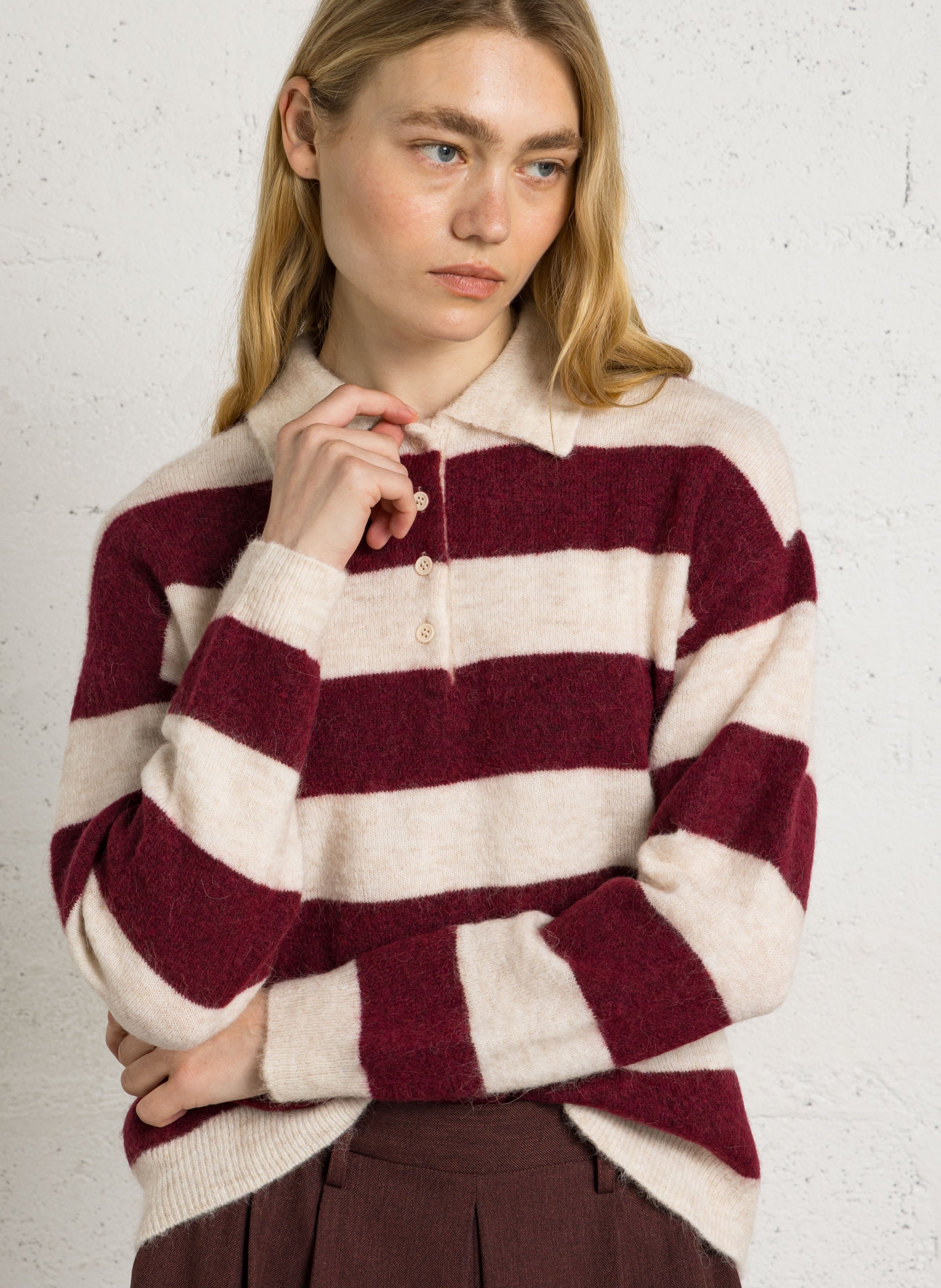 Rechte pull met klassieke kraag en strepen in wolmix SUD EXPRESS Beige