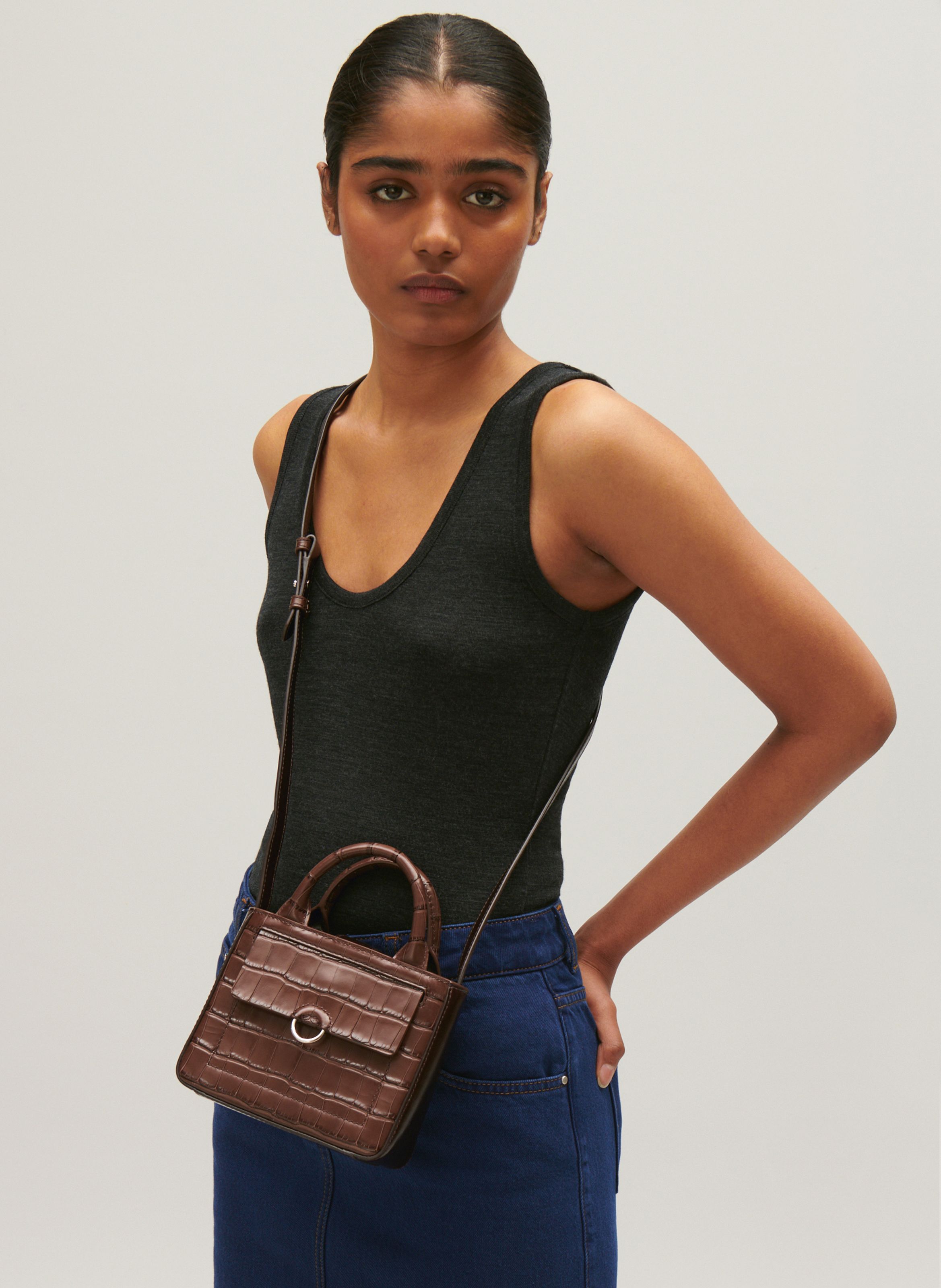 Brown Embossed crocodile leather shoulder bag