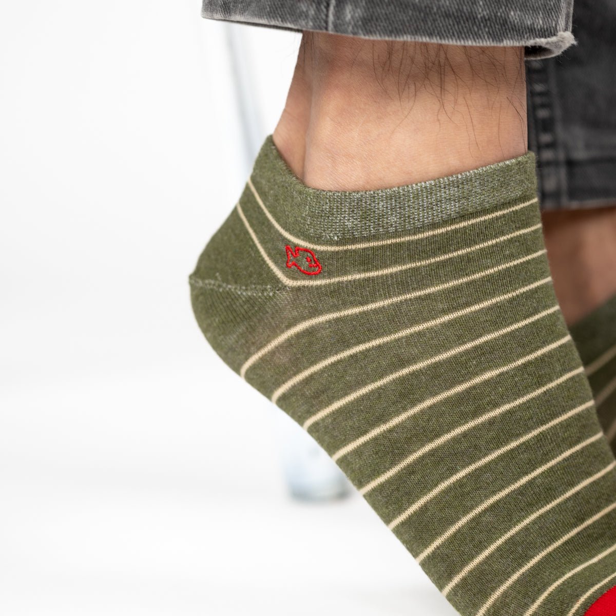 Fine striped combed cotton ankle socks BILLYBELT Khaki