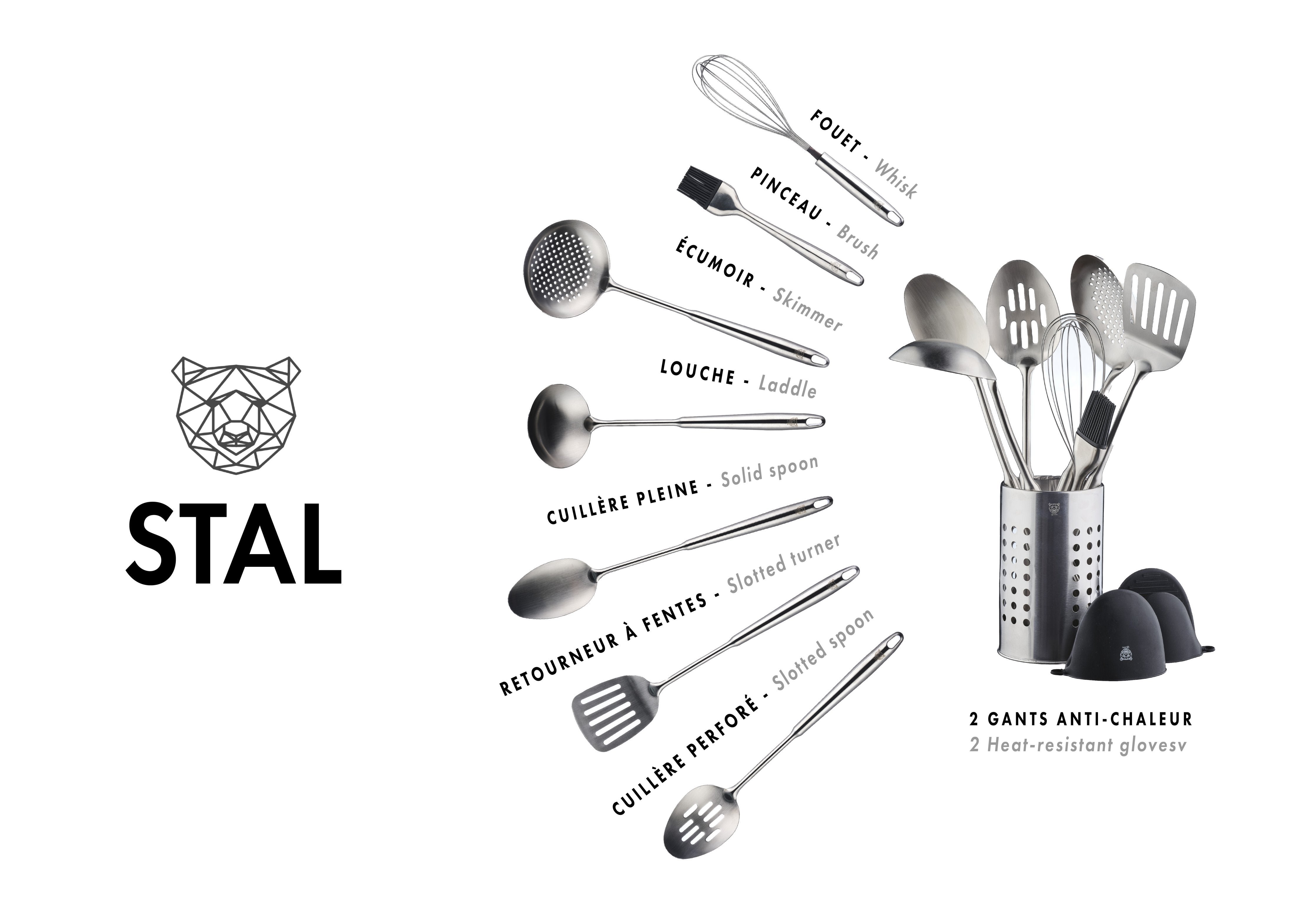 Stainless Steel Kitchen Utensil Set - 10 pieces BJORN Grey