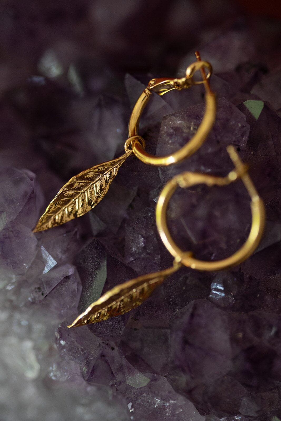 Mini silver-plated leaf hoop earrings MONSIEUR SIMONE Golden