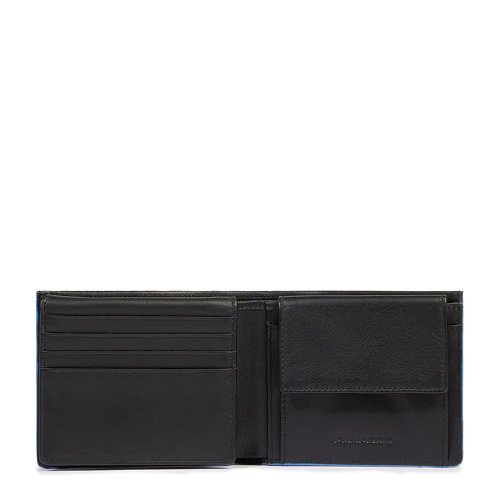 Men's leather wallet with ID card holder, coin pocket, credit card slots, and RFID protection PIQUADRO